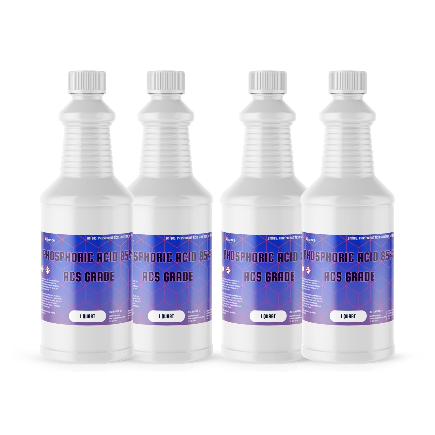 4x1-quart bottles of 85% Phosphoric Acid ACS Grade in white HDPE containers with blue-purple labels, corrosive warning symbols, 1-quart capacity.