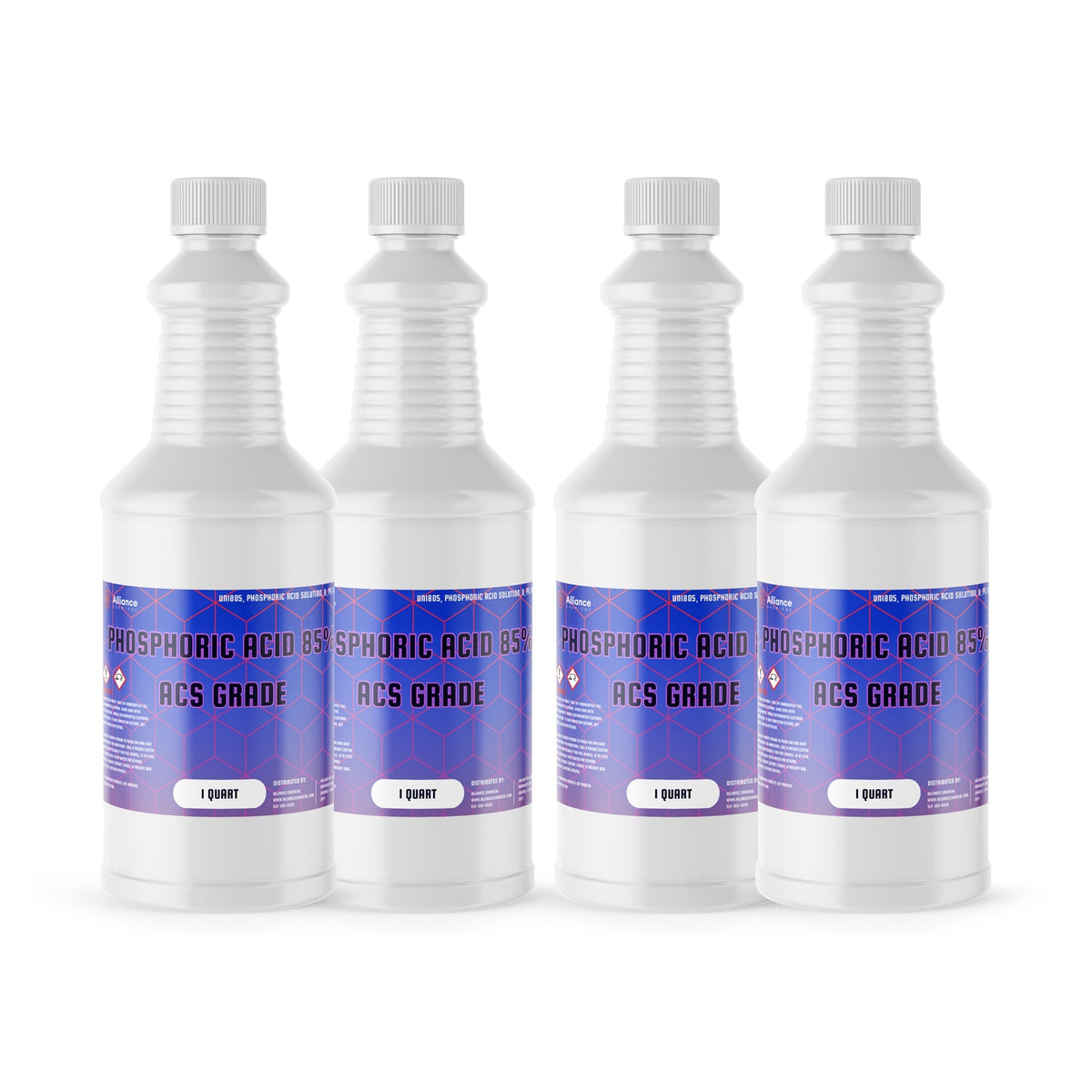 Four 1-quart plastic bottles of Alliance Chemical Phosphoric Acid 85% ACS Grade with white screw caps and product labels.