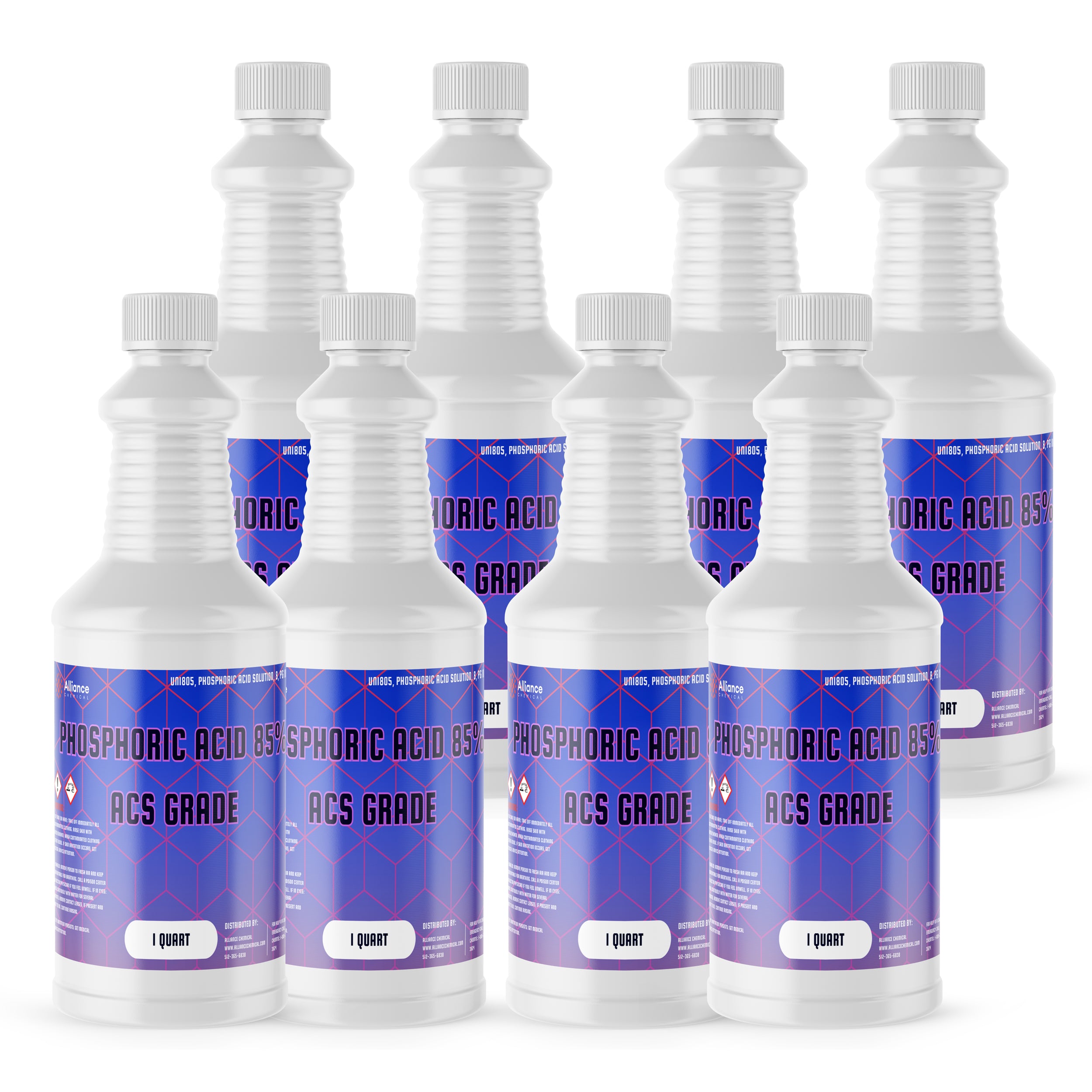 8x1-quart HDPE bottles of Phosphoric Acid 85% ACS Grade with blue-purple gradient labels, hazard warnings, and ribbed safety caps.