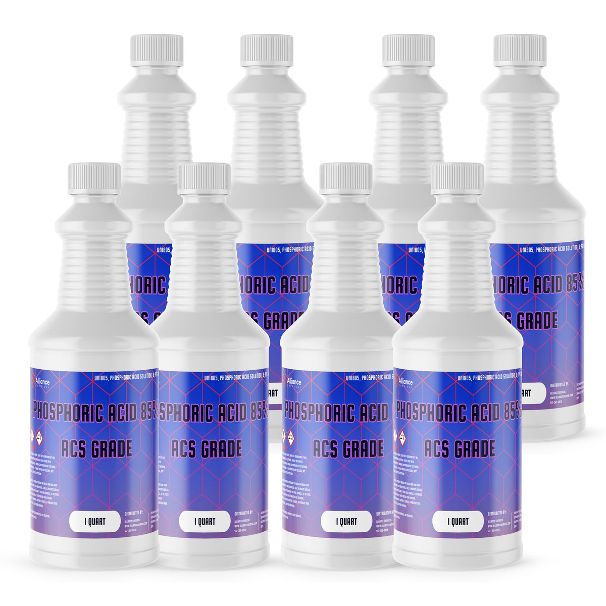 Eight 1-quart HDPE bottles of Alliance Chemical Phosphoric Acid 85% ACS Grade with white caps and product labels