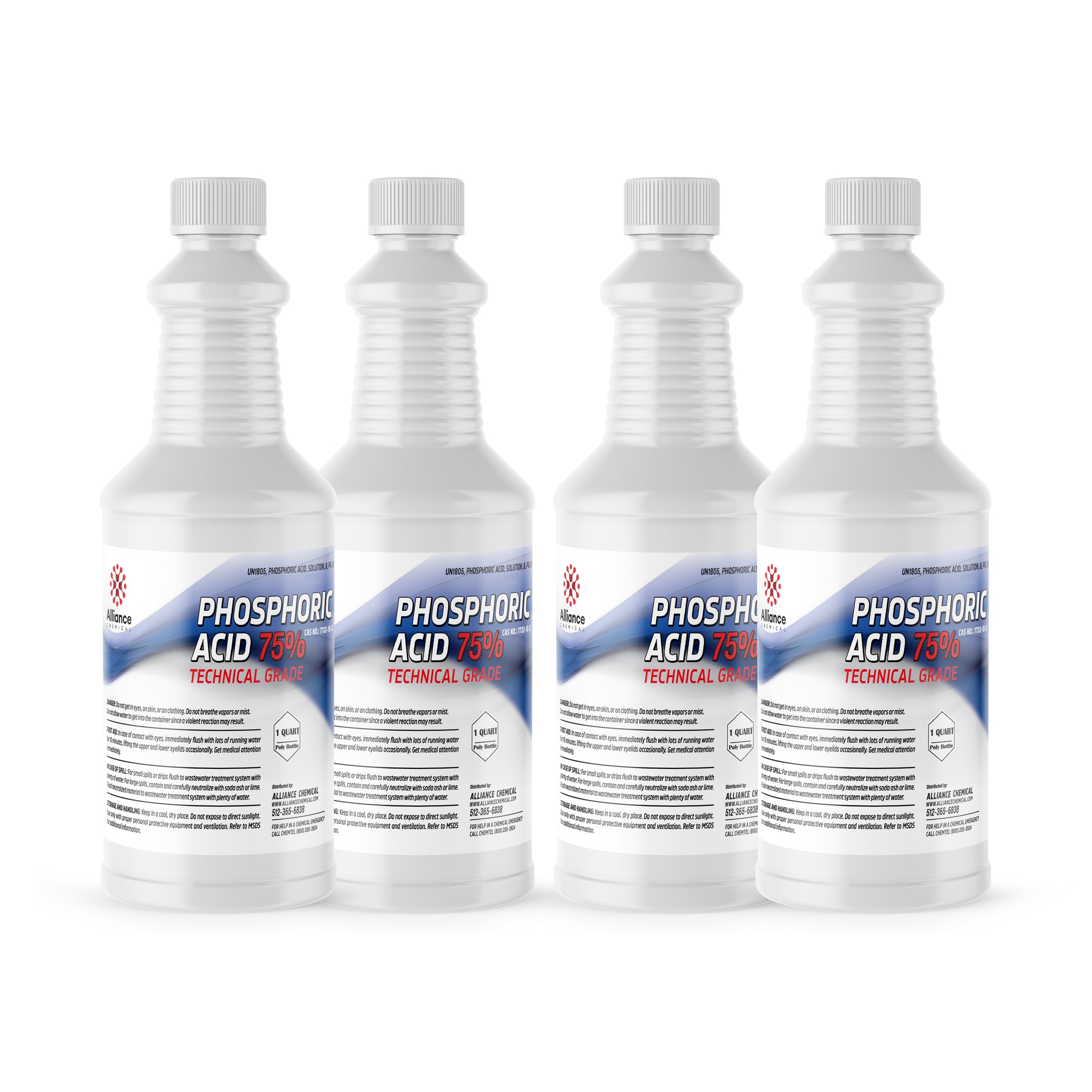 4x1-quart plastic bottles of 75% Technical Grade Phosphoric Acid in white HDPE containers with corrosive warning symbols and safety labeling.