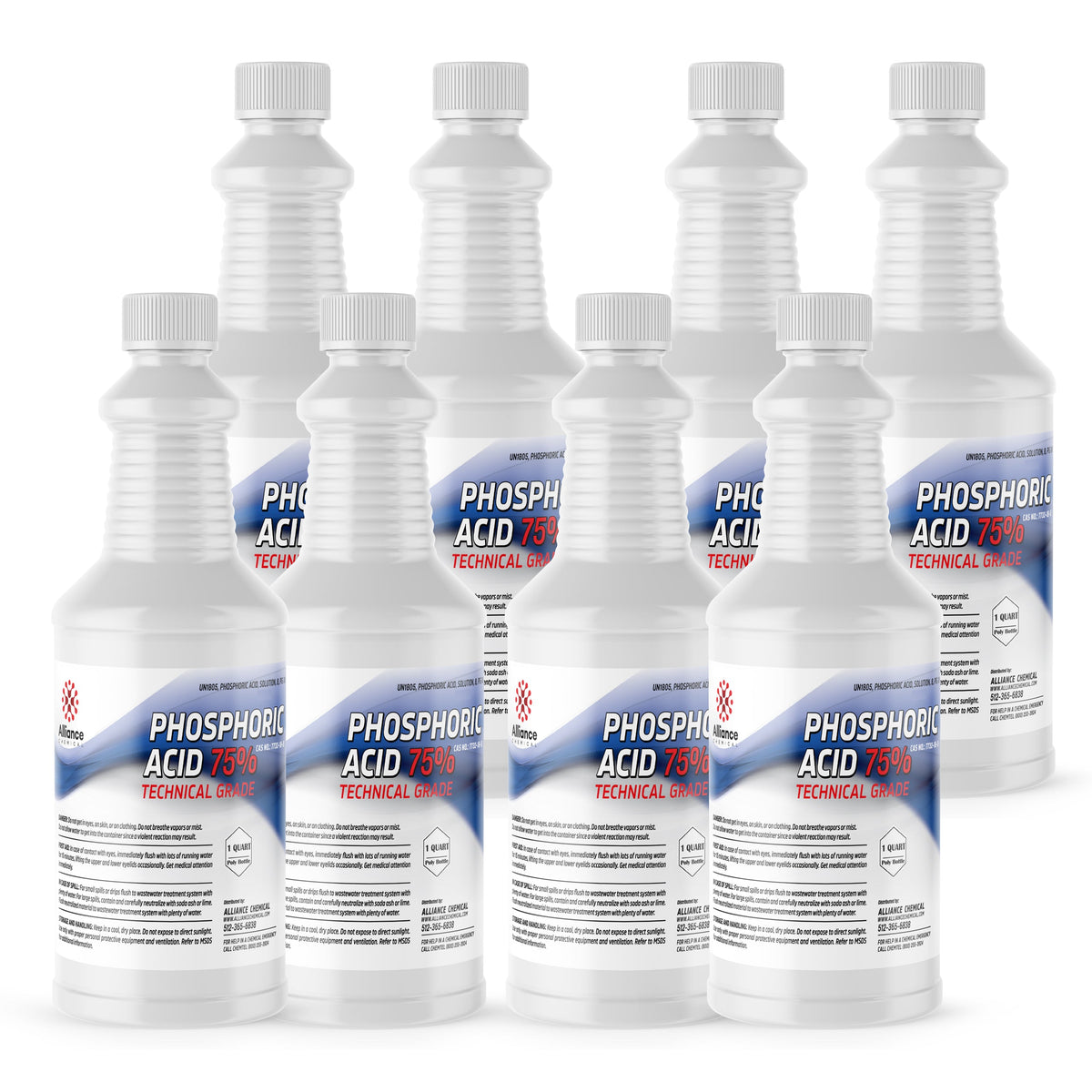 Seven 1-quart poly bottles of Alliance Chemical Phosphoric Acid 75% with white caps and product label.