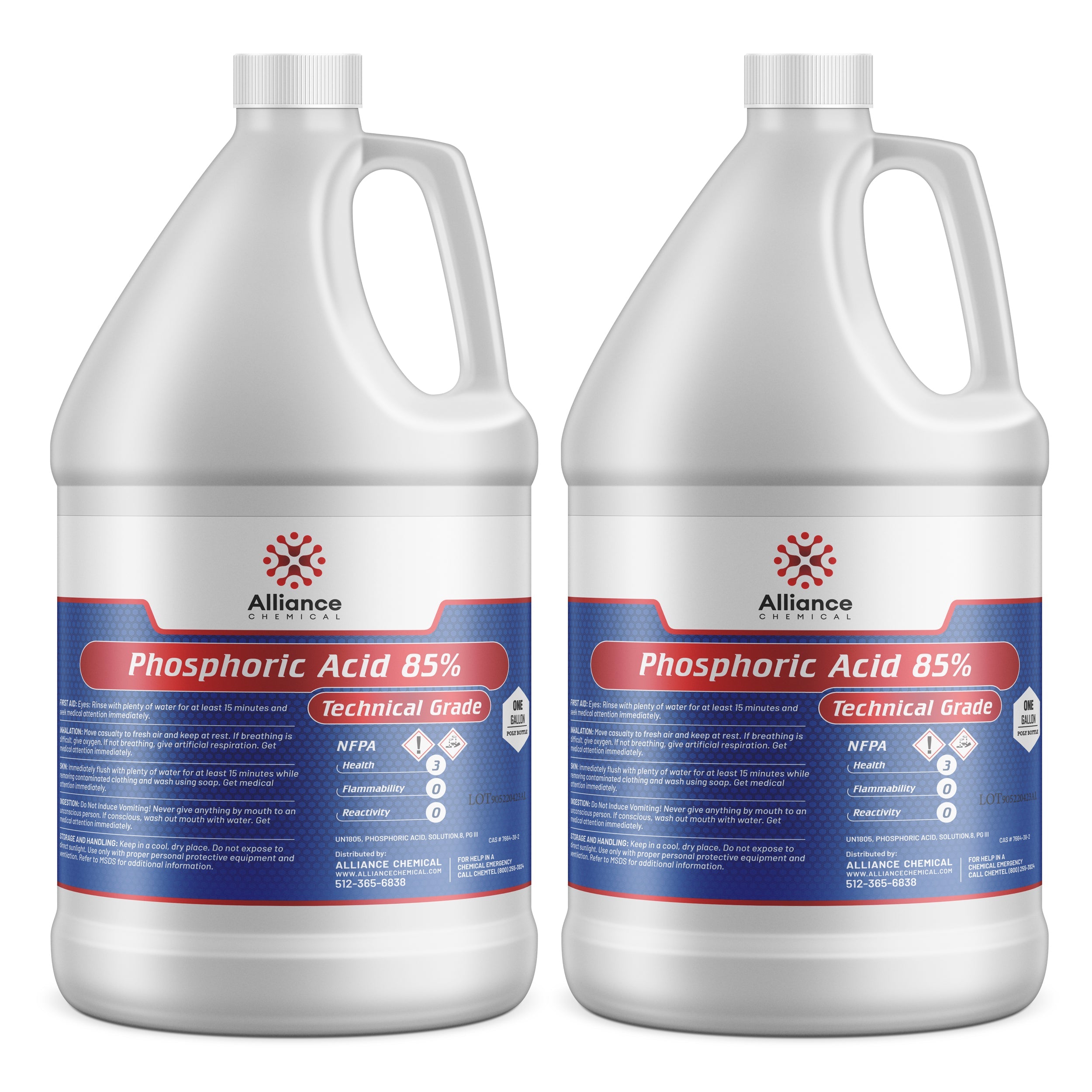 2-gallon HDPE jugs of Alliance Chemical 85% Phosphoric Acid, Technical Grade, with NFPA diamond showing Health:3, Flammability:0, Reactivity:0.