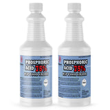 Two 1-quart HDPE bottles of Alliance Chemical Phosphoric Acid 75% USP Food Grade with white screw caps and product labels.