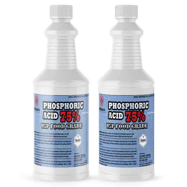 Two 1-quart HDPE bottles of Alliance Chemical Phosphoric Acid 75% USP Food Grade with white screw caps and product labels.