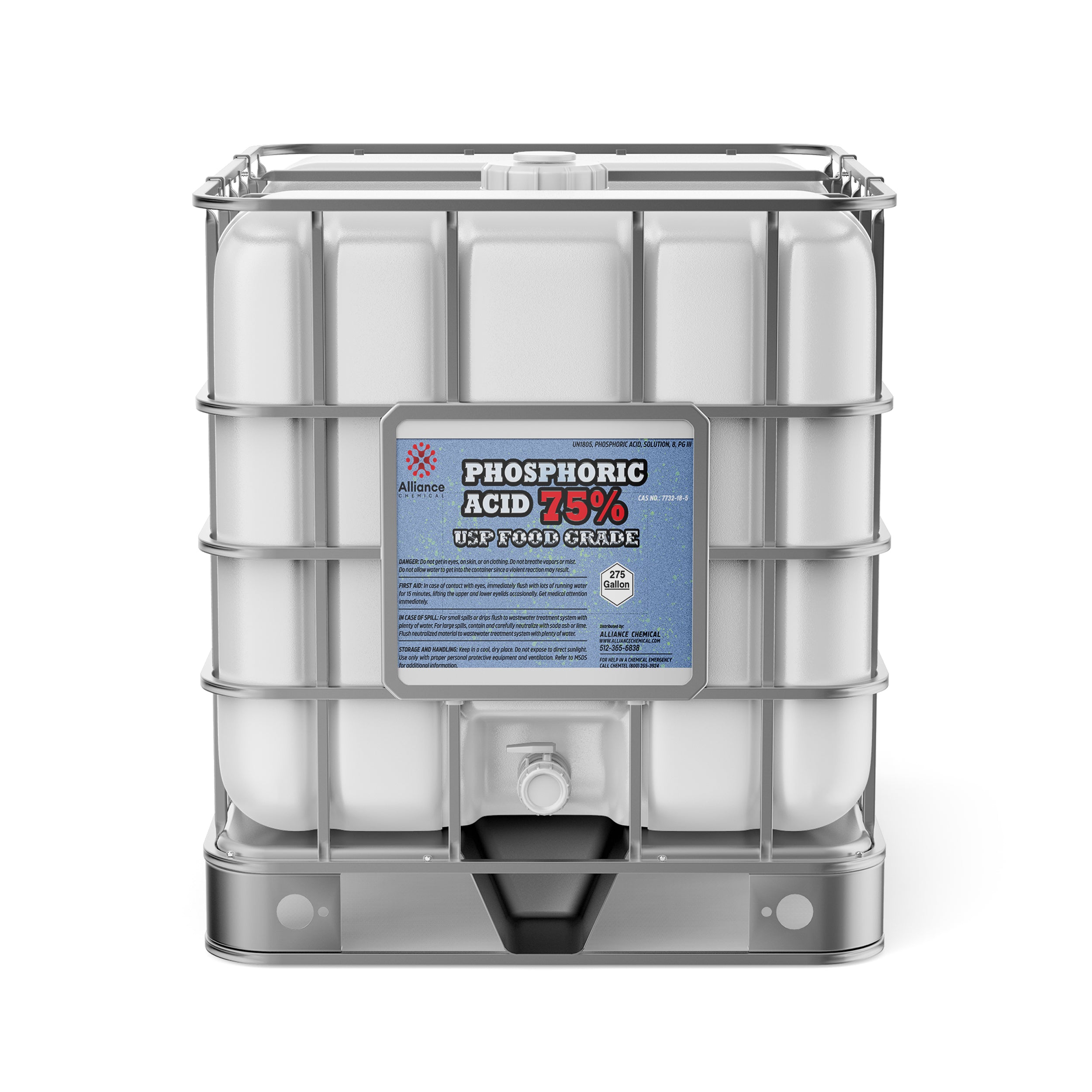 275-gallon IBC tote of Phosphoric Acid 75% USP Food Grade in white HDPE container with metal cage, Alliance Chemical label, and bottom discharge valve.