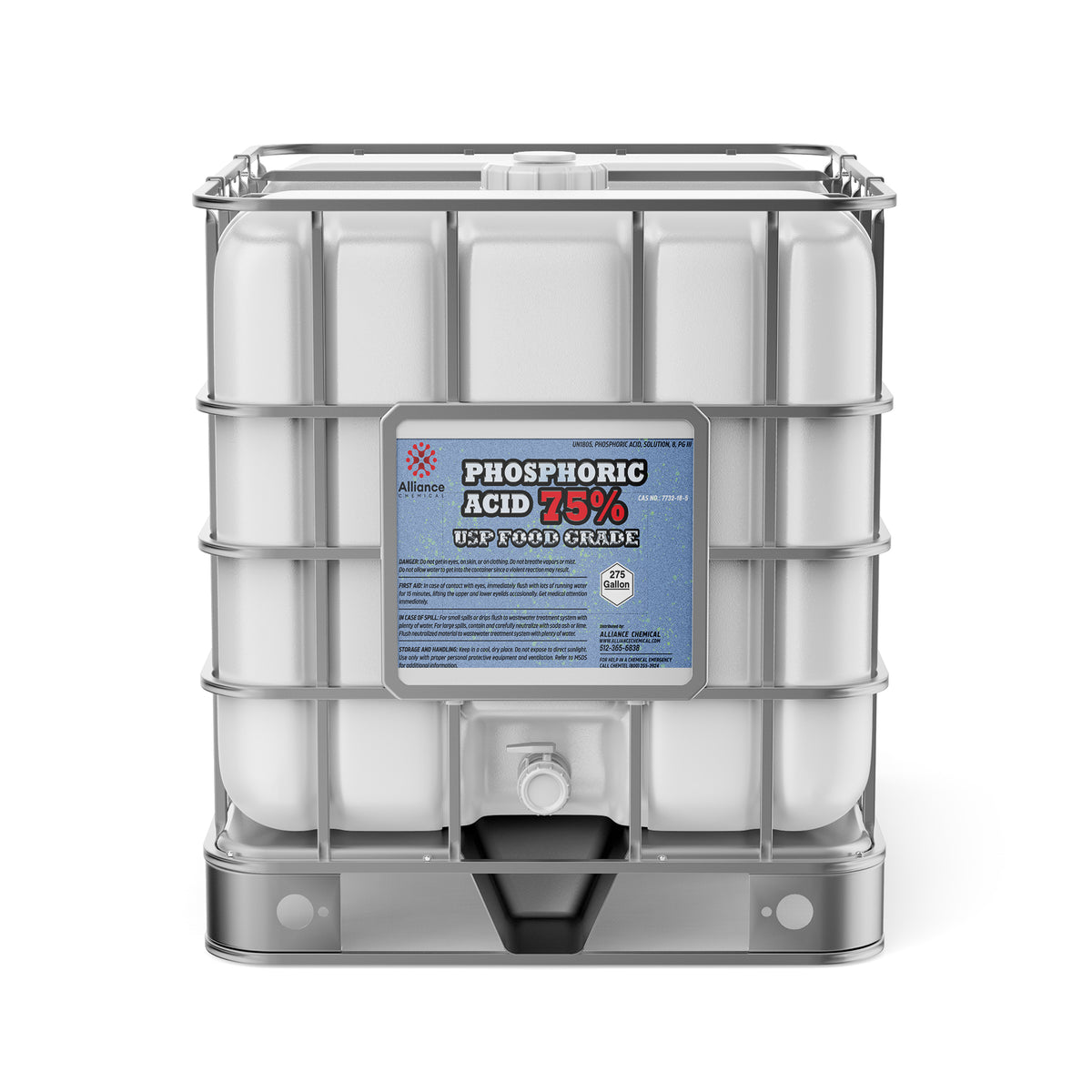 275-gallon IBC tote of Phosphoric Acid 75% USP Food Grade in HDPE container , Alliance Chemical label