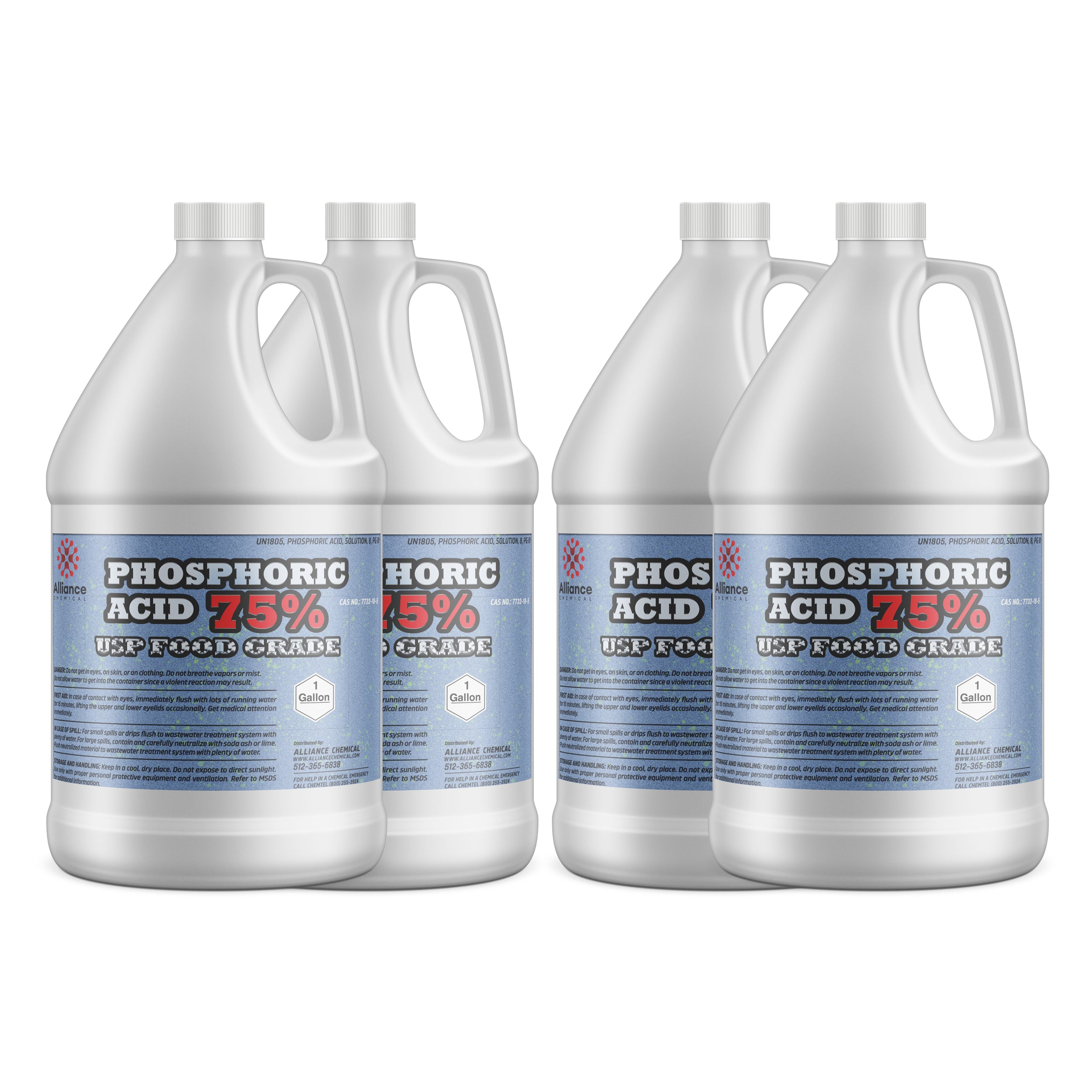 4x1-gallon HDPE jugs of Alliance Chemical 75% Phosphoric Acid USP Food Grade with blue labels, white containers, ribbed caps, and chemical safety symbols.