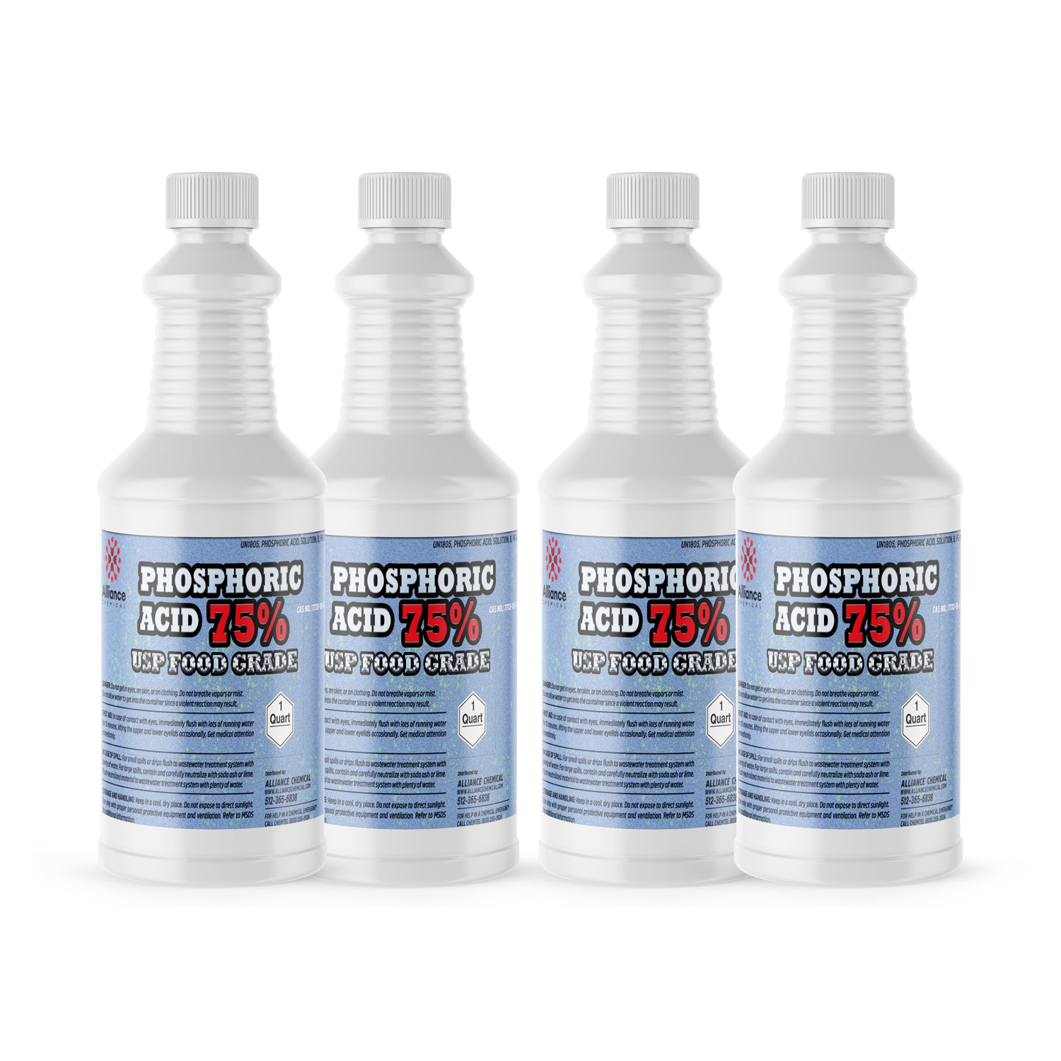 4x1 quart bottles of 75% Phosphoric Acid USP Food Grade in white HDPE containers with corrosive warning symbol, blue-labeled safety information.