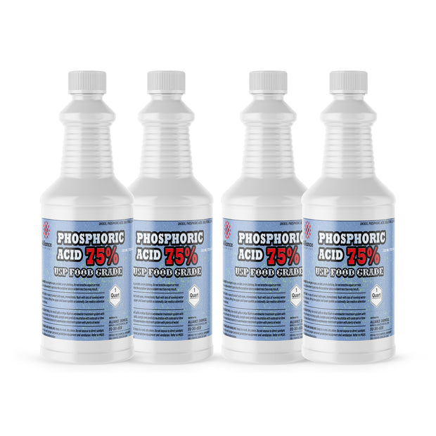 Four 1-quart HDPE jugs of Alliance Chemical Phosphoric Acid 75% USP Food Grade with white screw caps and product label.