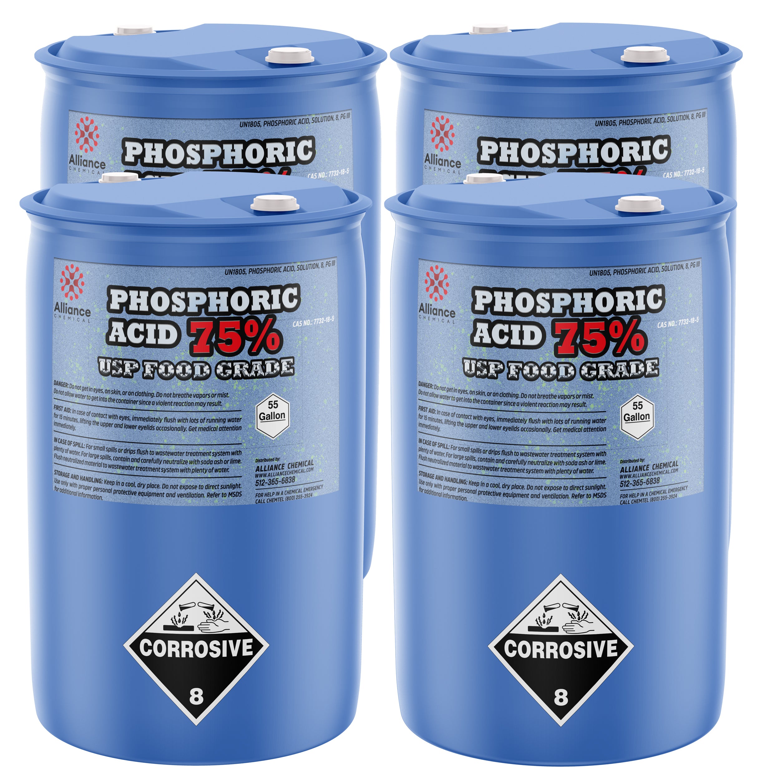 55-gallon blue drums of 75% Phosphoric Acid USP Food Grade, featuring corrosive Class 8 warning labels, Alliance Chemical branding, and white safety caps.