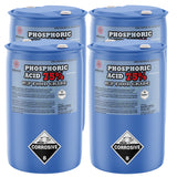 55-gallon blue drums of 75% Phosphoric Acid USP Food Grade Alliance Chemical branding, and white safety caps