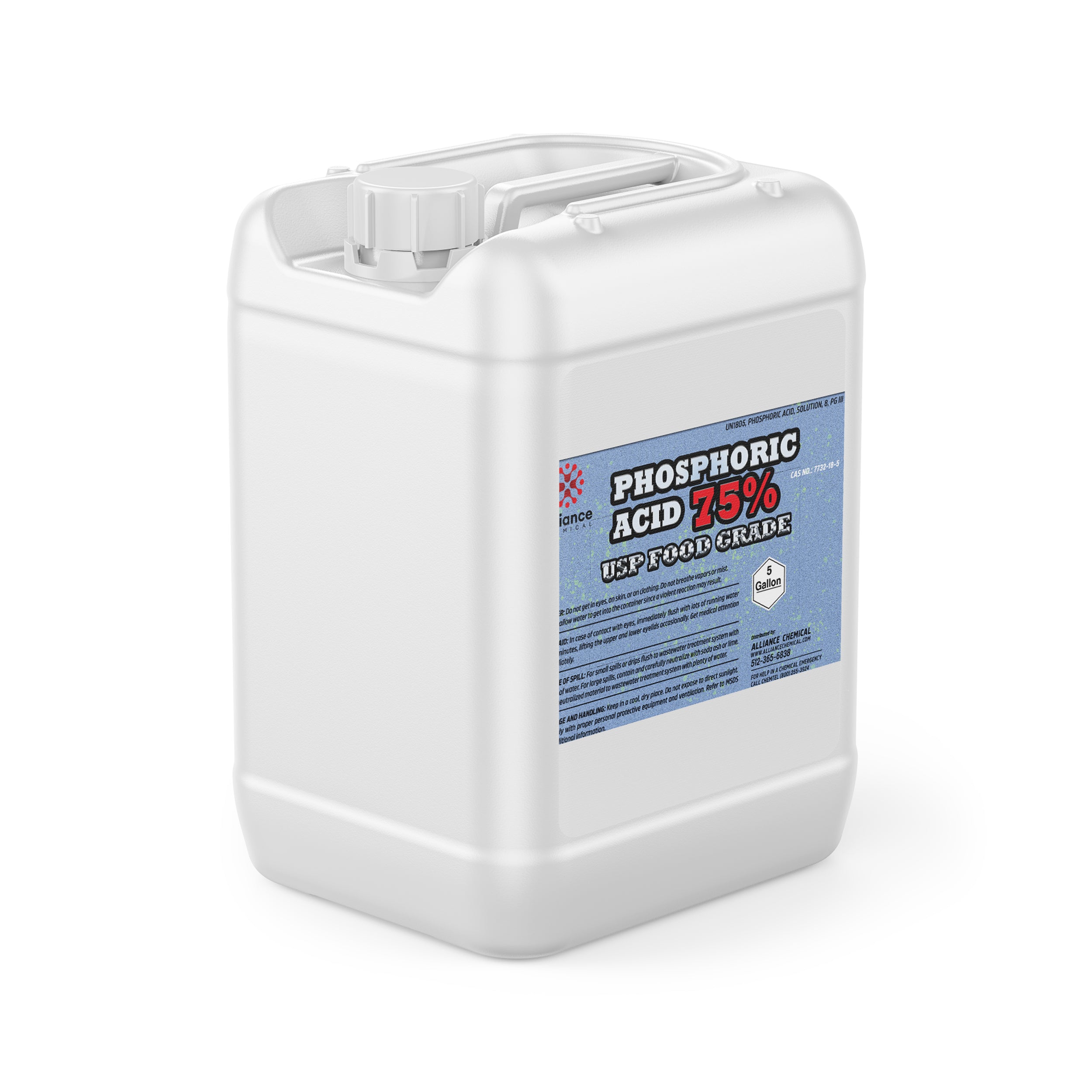 5-gallon white HDPE container of USP food-grade 75% Phosphoric Acid with blue label, industrial safety markings, and secure screw-top closure.