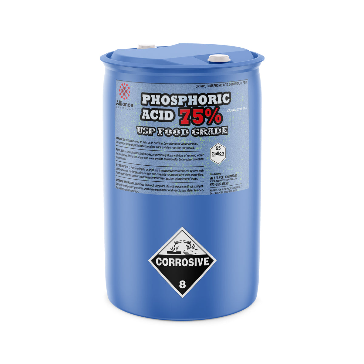 55-gallon blue drum of 75% Phosphoric Acid USP Food Grade, Alliance Chemical branding, and sealed lid