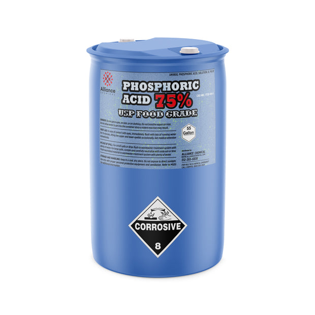 55-gallon blue drum of 75% Phosphoric Acid USP Food Grade, Alliance Chemical branding, and sealed lid
