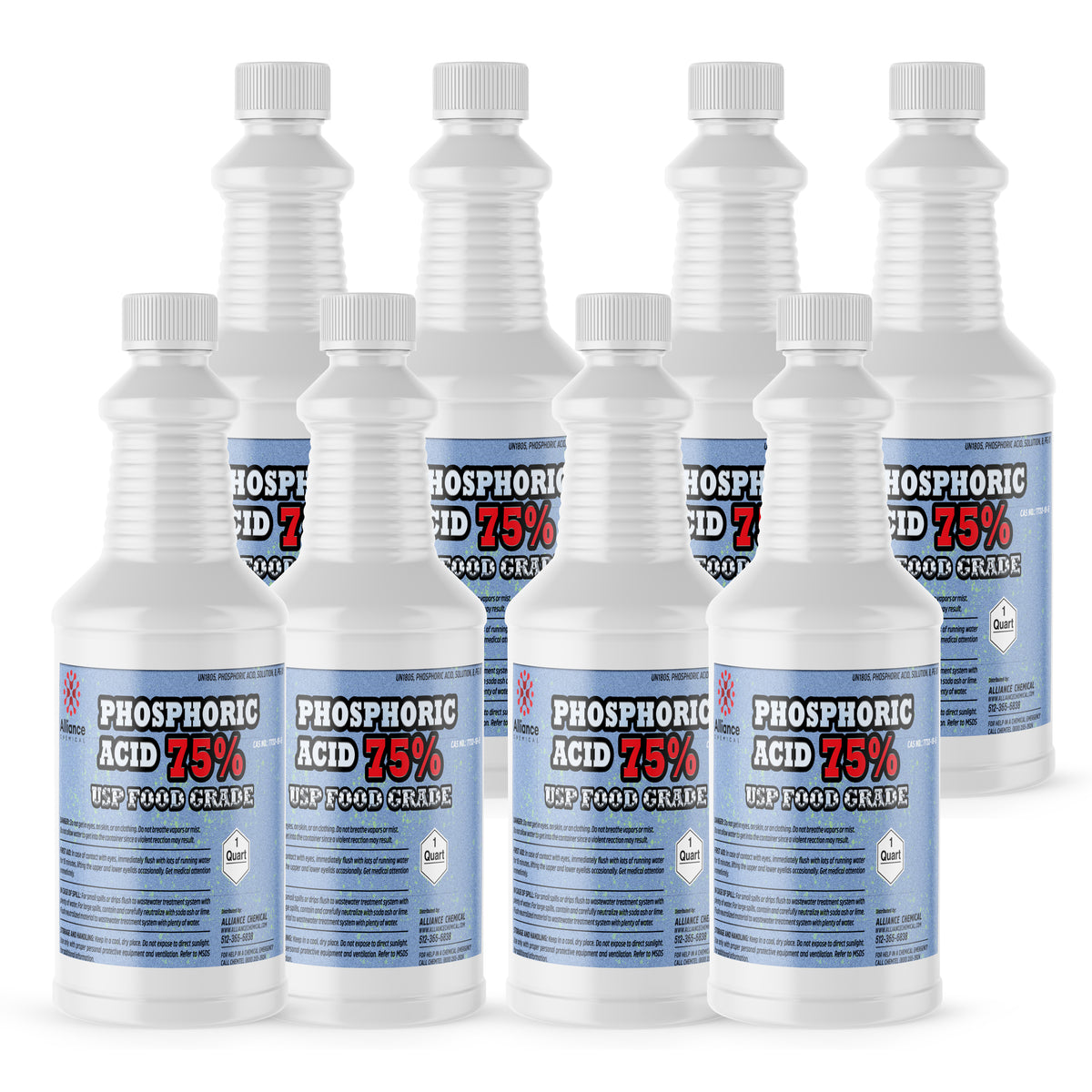 Eight 1-quart HDPE bottles of Alliance Chemical Phosphoric Acid 75% USP Food Grade with white ribbed caps and product label.