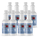 Eight 1-quart HDPE bottles of Alliance Chemical Phosphoric Acid 75% USP Food Grade with white ribbed caps and product label.