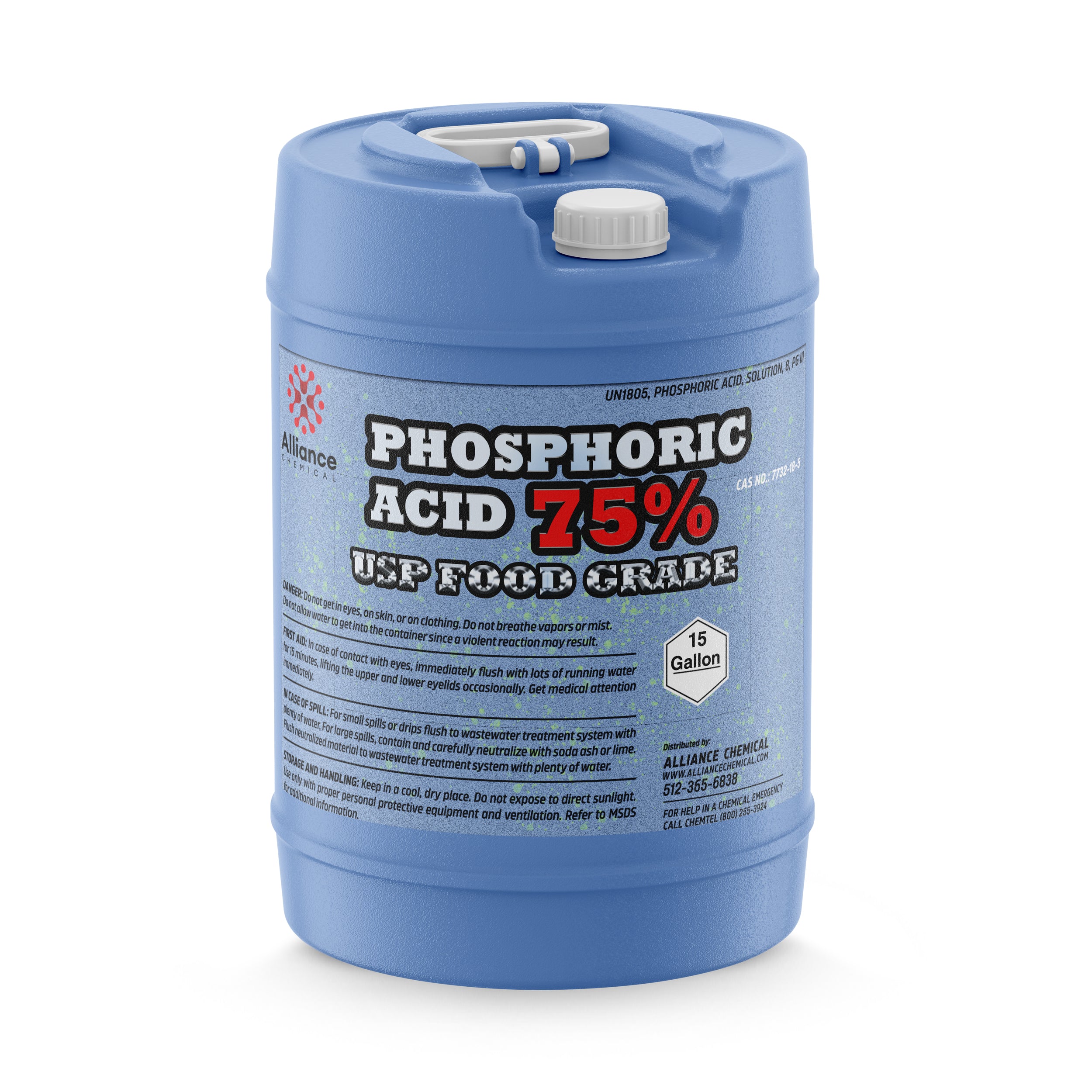 15-gallon blue HDPE carboy of 75% Phosphoric Acid USP Food Grade, featuring Alliance Chemical branding, safety warnings, and dual-port screw cap system.