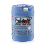 15-gallon HDPE carboy of Alliance Chemical 75% Phosphoric Acid USP Food Grade safety warnings, and dual-port screw cap system