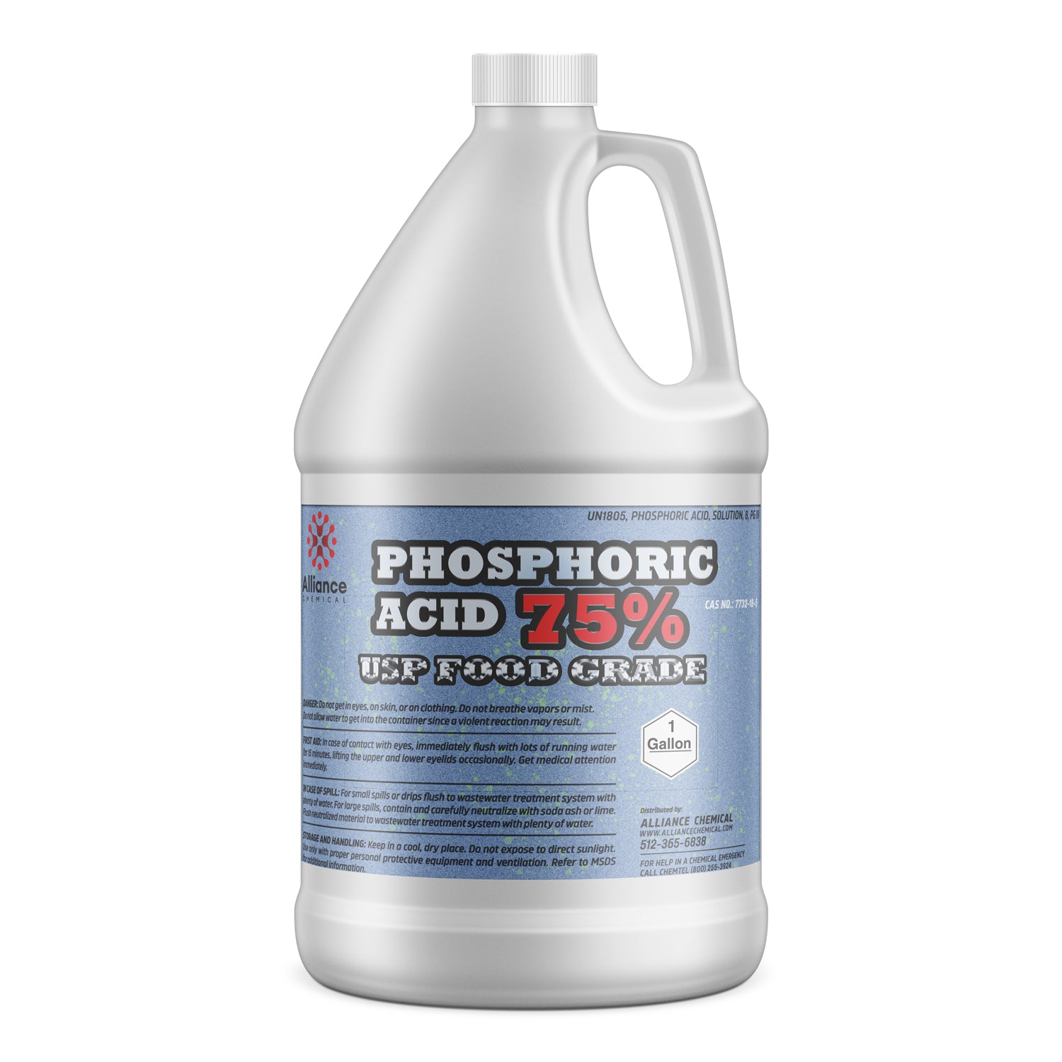 One-gallon HDPE jug of 75% Phosphoric Acid USP Food Grade by Alliance Chemical, featuring blue safety label and white ribbed cap, CAS 7664-38-2.