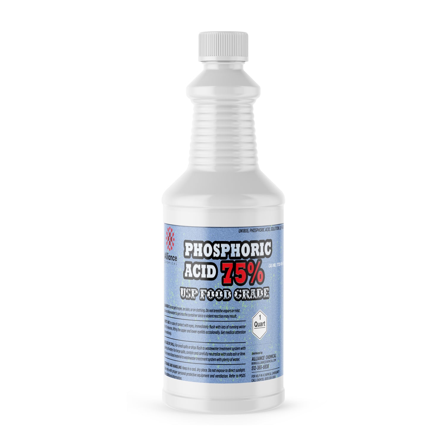 1-quart white HDPE bottle of 75% Phosphoric Acid USP Food Grade by Alliance Chemical, featuring class 1 corrosive warning diamond and safety label.