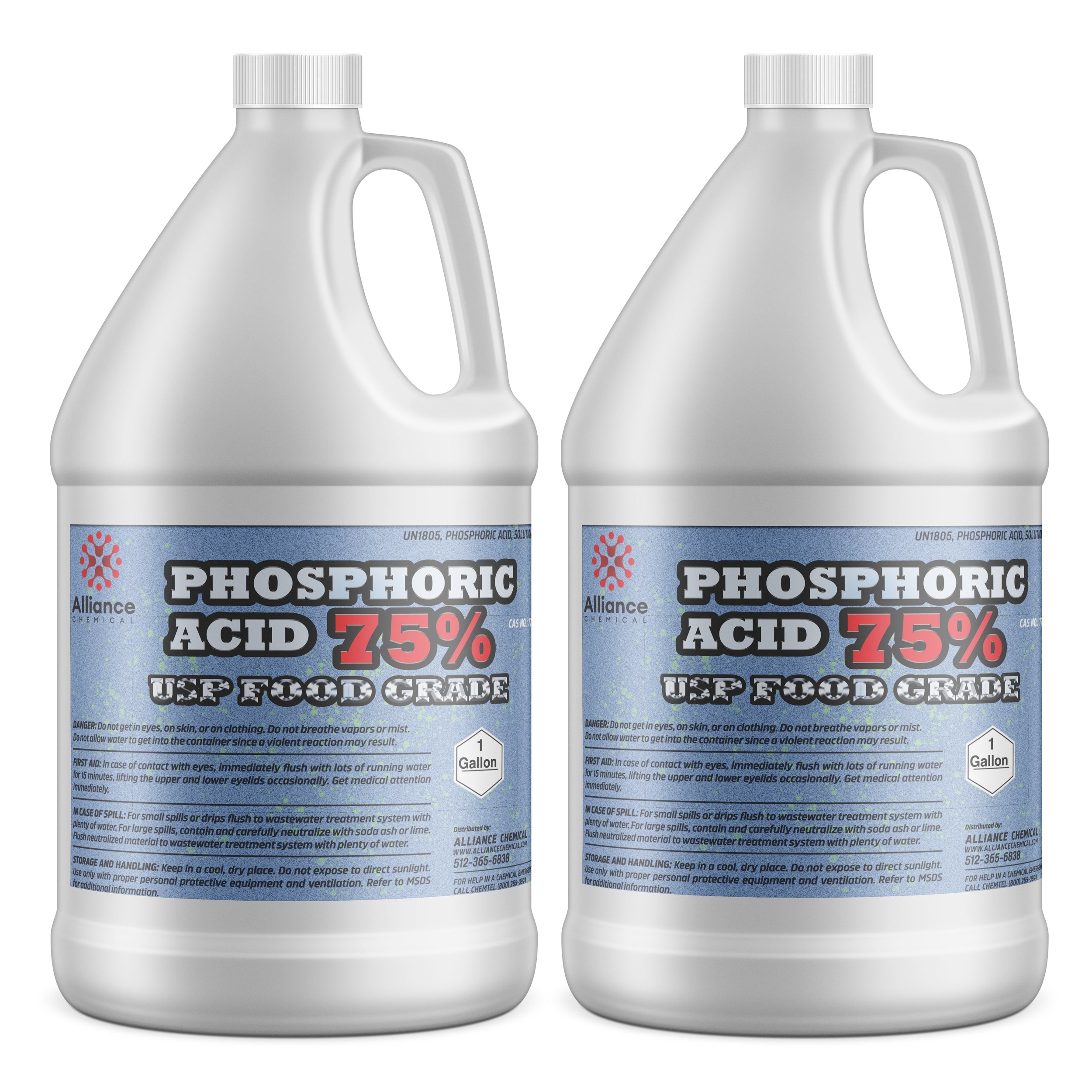 1-gallon HDPE jugs of 75% USP Food Grade Phosphoric Acid by Alliance Chemical, featuring safety warnings and UN1805 hazard diamond rating.