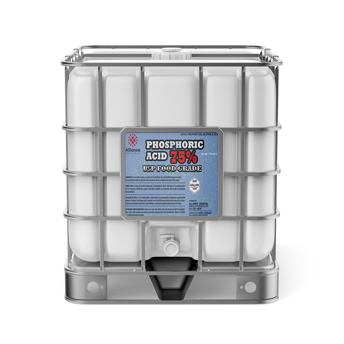 One 330-gallon plastic tote of Alliance Chemical Phosphoric Acid 75% USP Food Grade with a metal cage and a label.