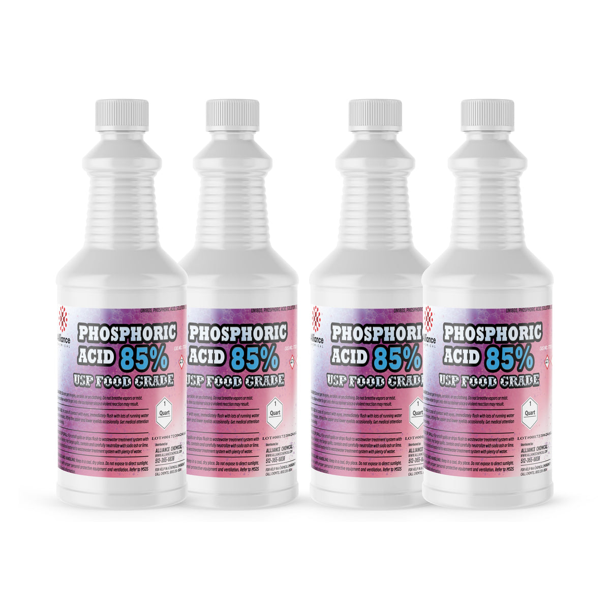 Four 1-quart plastic bottles of Alliance Chemical Phosphoric Acid 85% Food Grade with white screw caps and product labels.