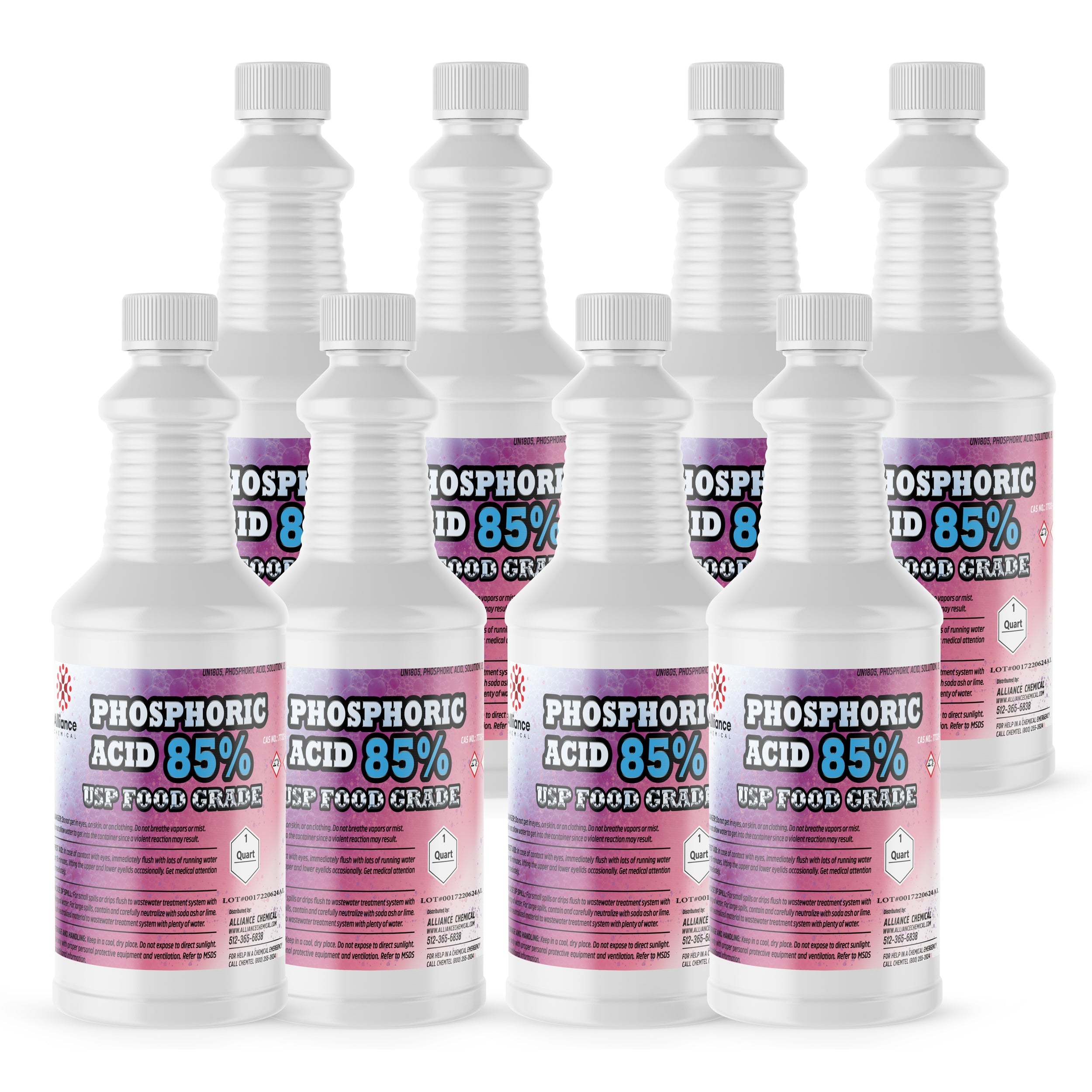 8x1-quart bottles of USP Food Grade 85% Phosphoric Acid in white HDPE containers with hazard warning labels and ribbed safety caps.