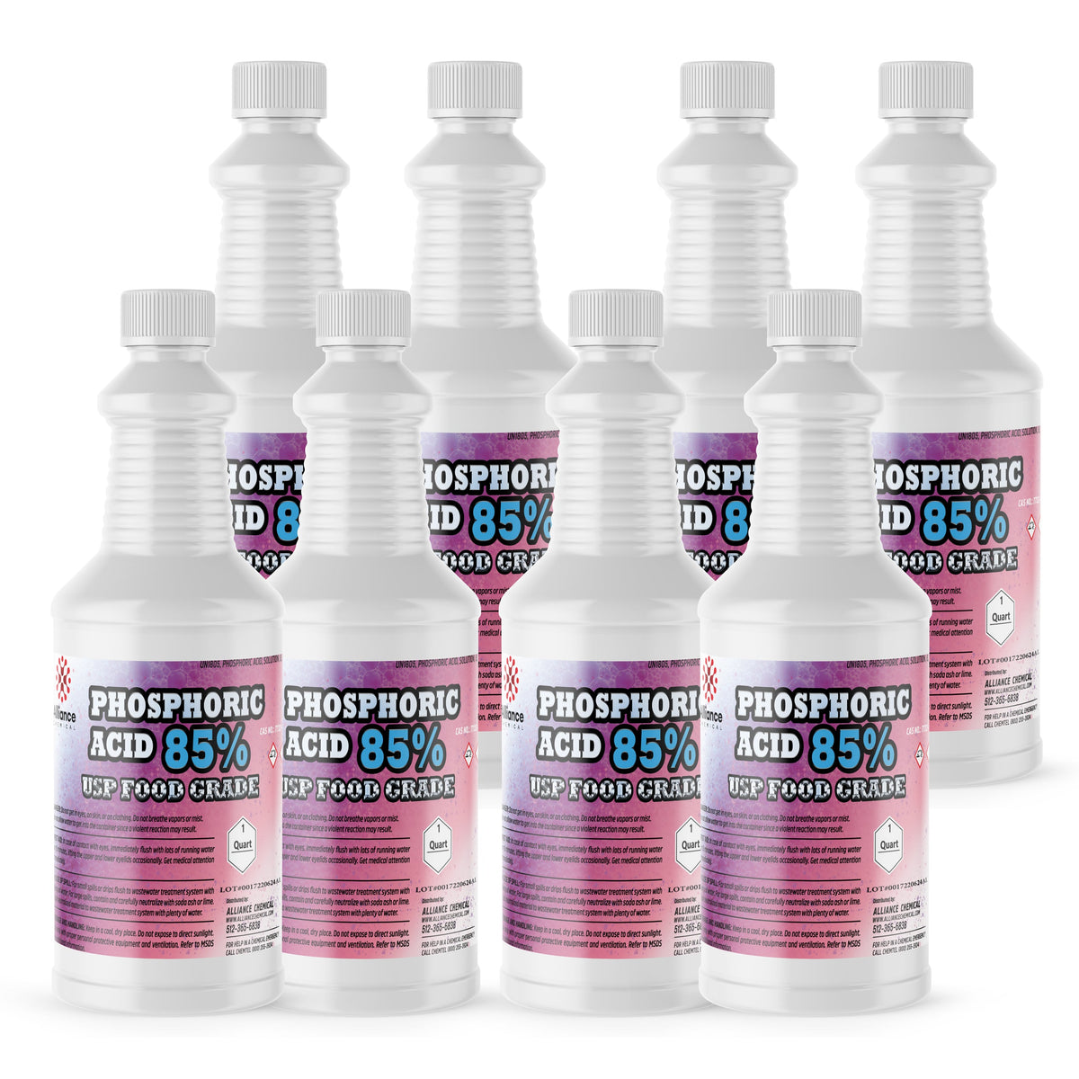 Seven 1-quart plastic bottles of Alliance Chemical Phosphoric Acid 85% Food Grade with white ribbed caps and product labels.