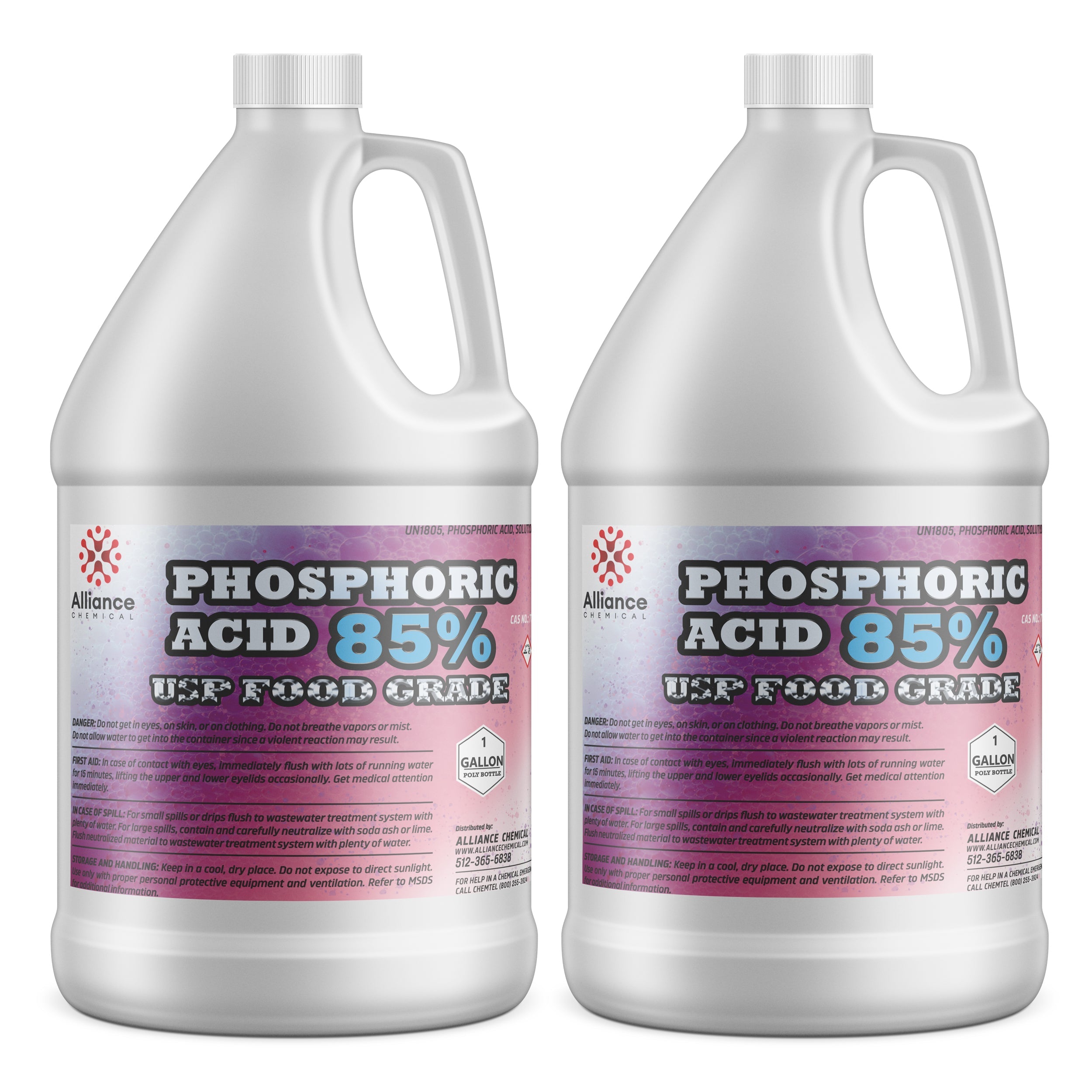 1-gallon jugs of 85% Phosphoric Acid USP Food Grade by Alliance Chemical, white HDPE containers with safety warnings and hazard diamond label.