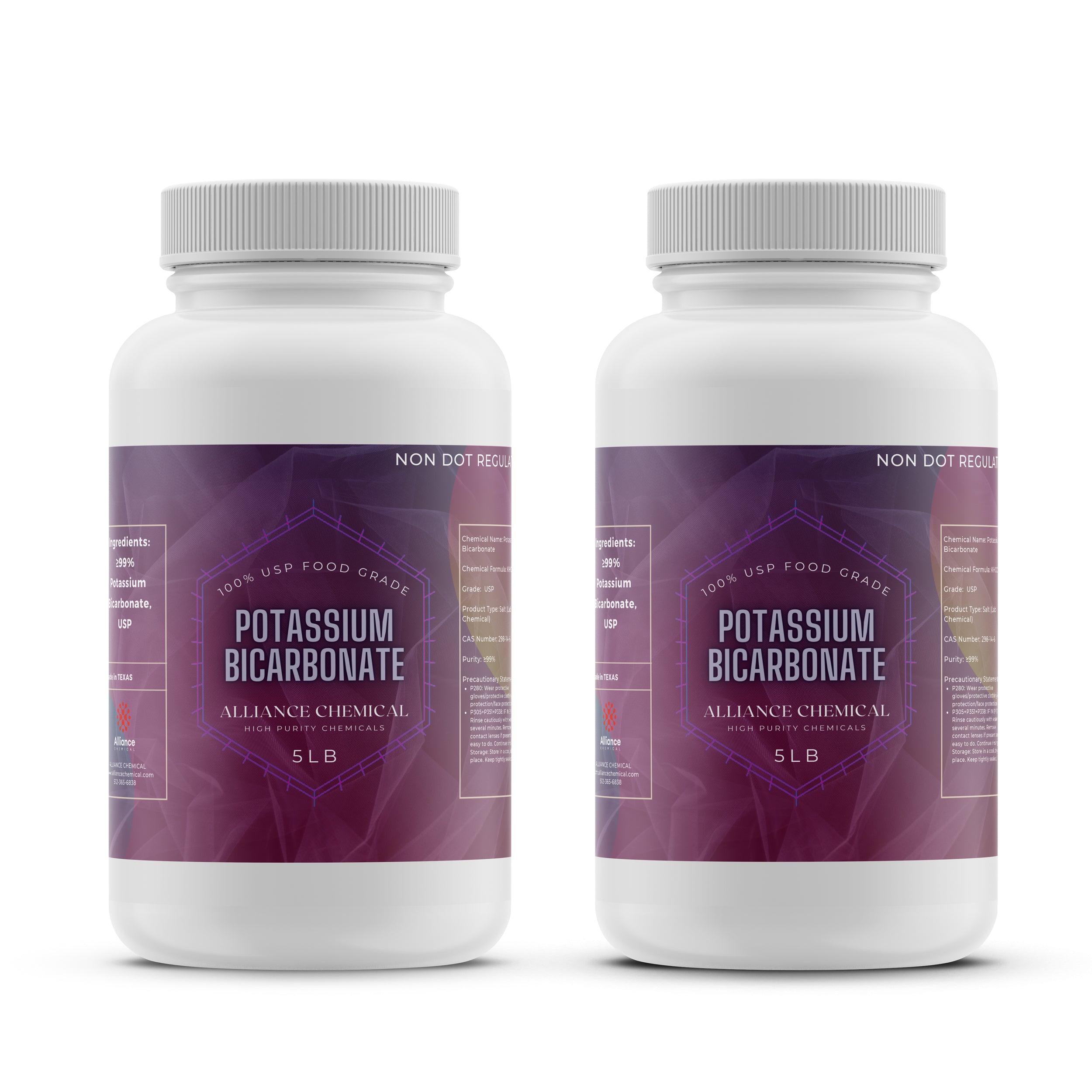 5 lb Potassium Bicarbonate USP Food Grade, white HDPE bottles with purple labels, Alliance Chemical high-purity product, 2-pack configuration.
