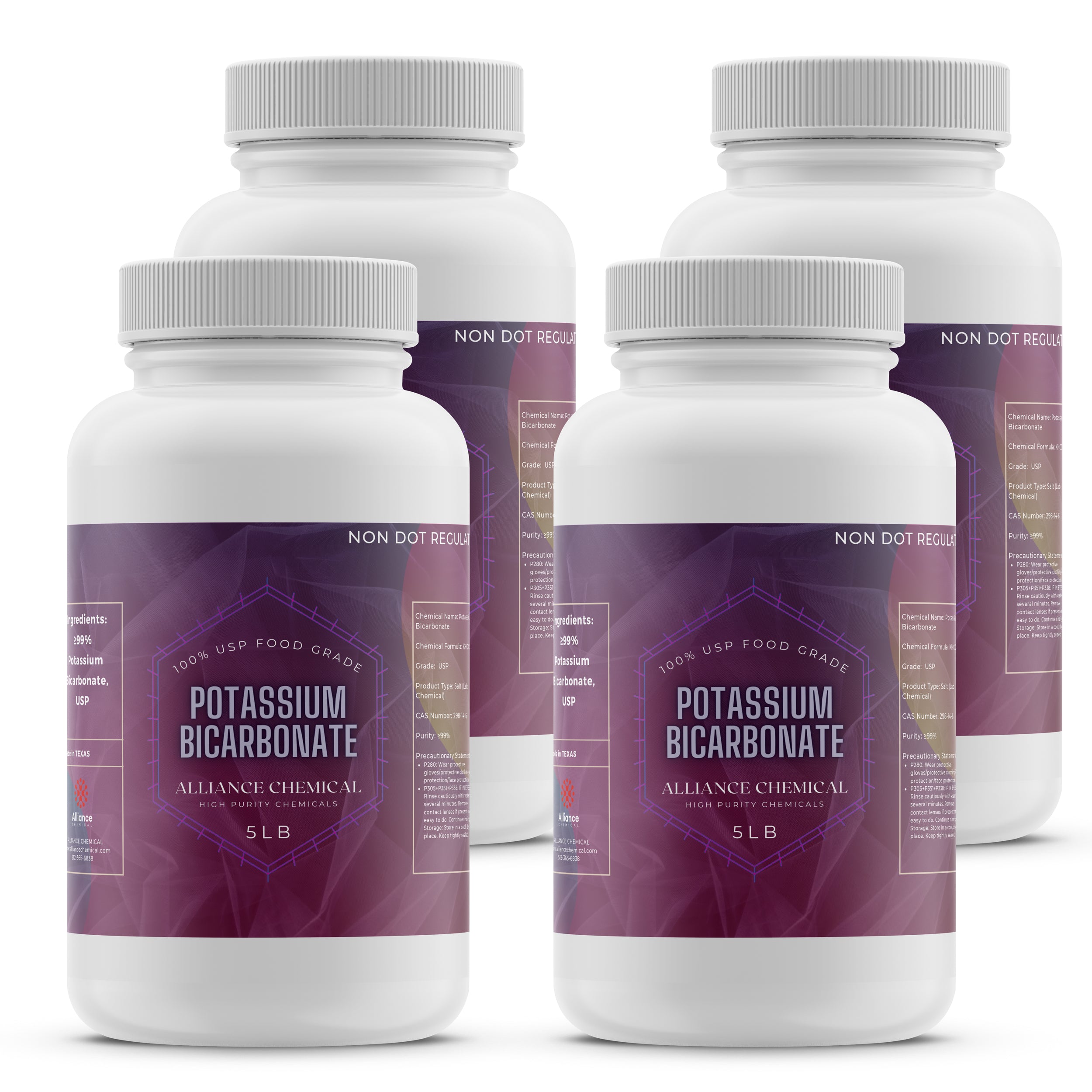 5 lb containers of USP food-grade Potassium Bicarbonate by Alliance Chemical, 4-pack in white HDPE bottles with purple labels and safety information.