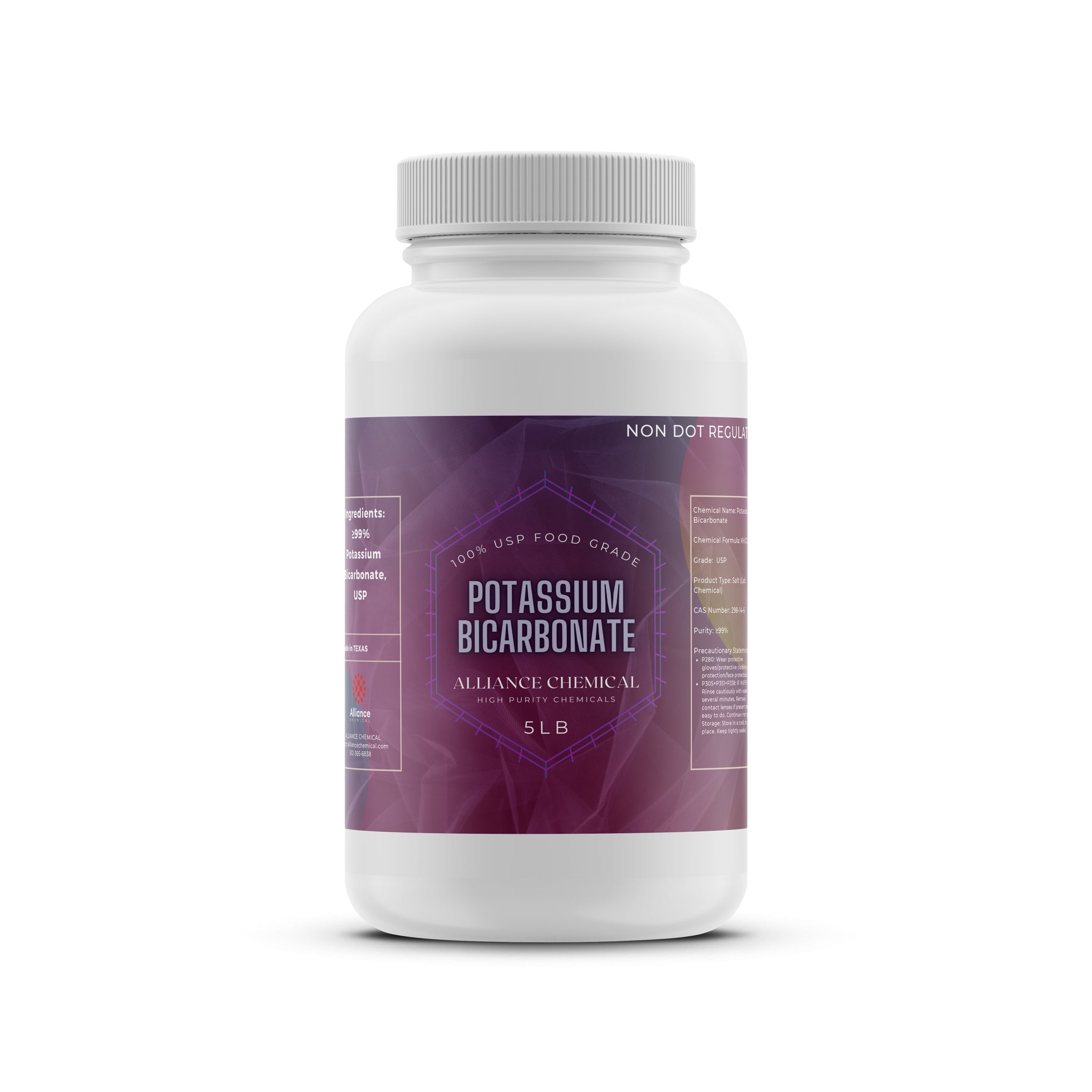 5 lb USP food-grade potassium bicarbonate in white HDPE bottle with purple label, manufactured by Alliance Chemical, non-DOT regulated chemical.