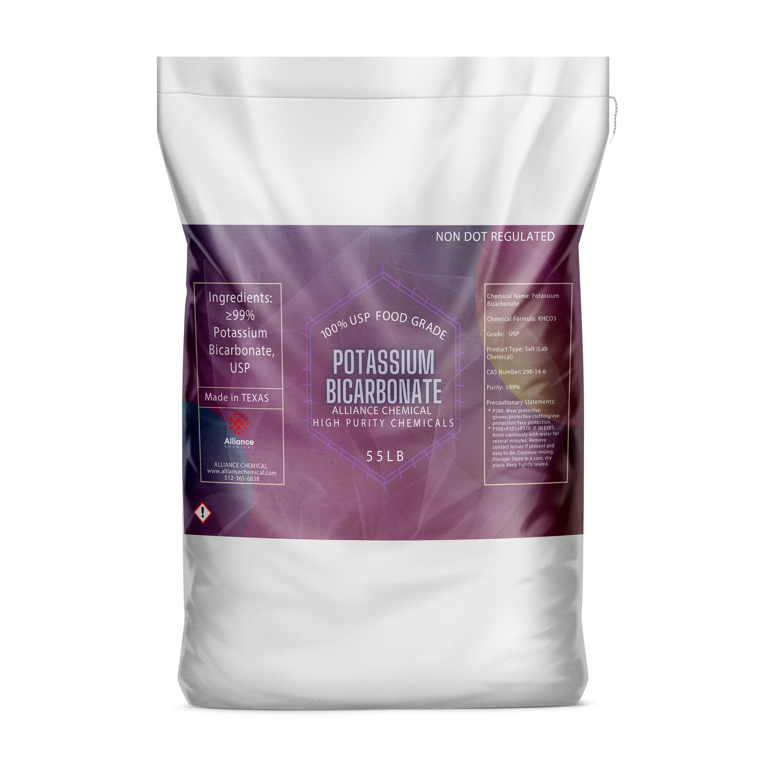 55LB food-grade Potassium Bicarbonate USP (KHCO3) in white industrial bag, ≥99% purity, non-DOT regulated, made in Texas, with hazard symbol.