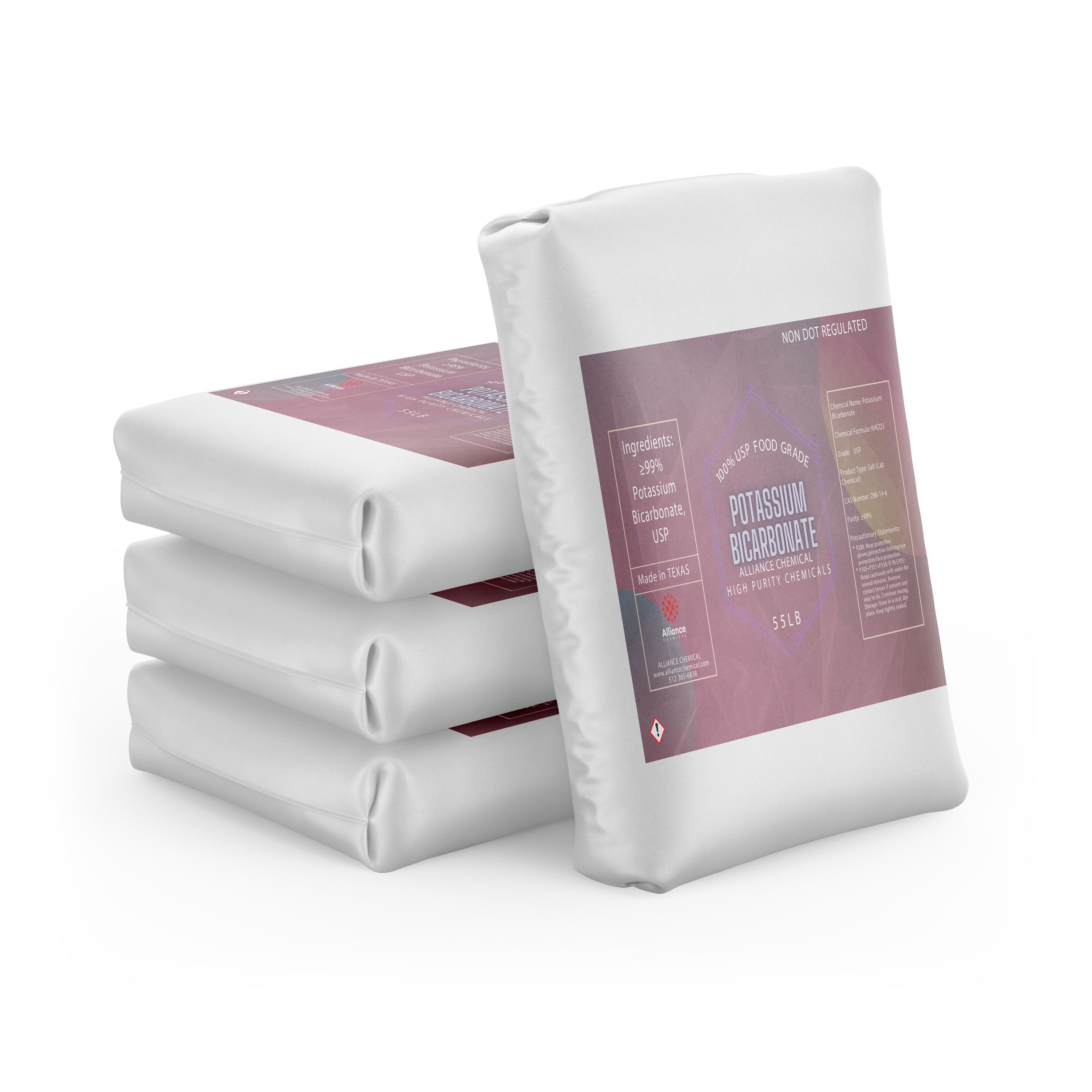 55lb bags of USP Food Grade Potassium Bicarbonate by Alliance Chemical, stacked in white moisture-resistant packaging with burgundy labeling, made in Texas.
