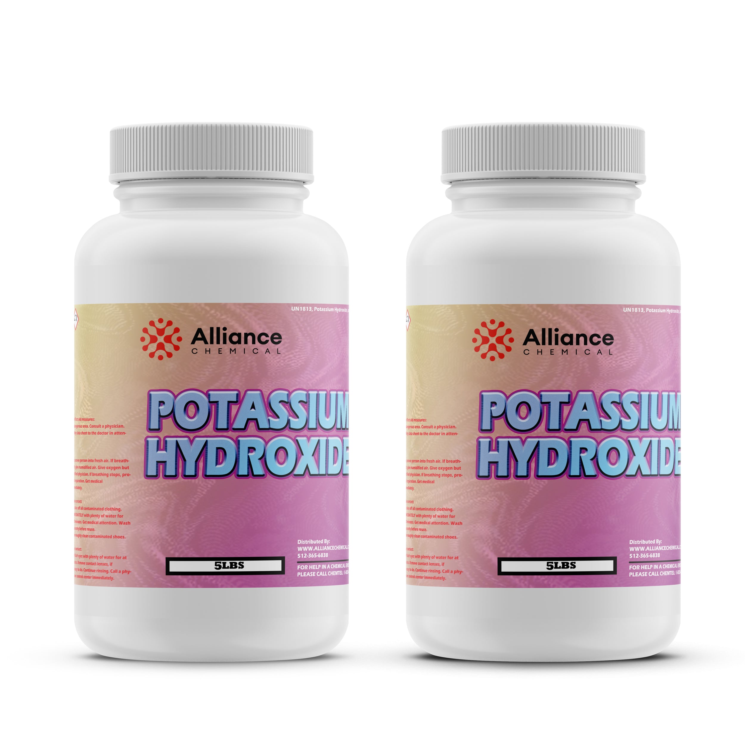 5lb potassium hydroxide flakes in white HDPE bottles, Alliance Chemical branded, industrial-grade KOH in dual-pack configuration with safety labeling.
