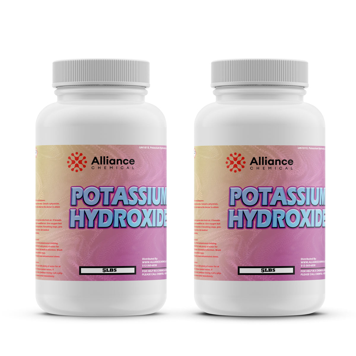 5lb potassium hydroxide flakes in HDPE bottles, Alliance Chemical branded KOH in dual-pack configuration with safety labeling