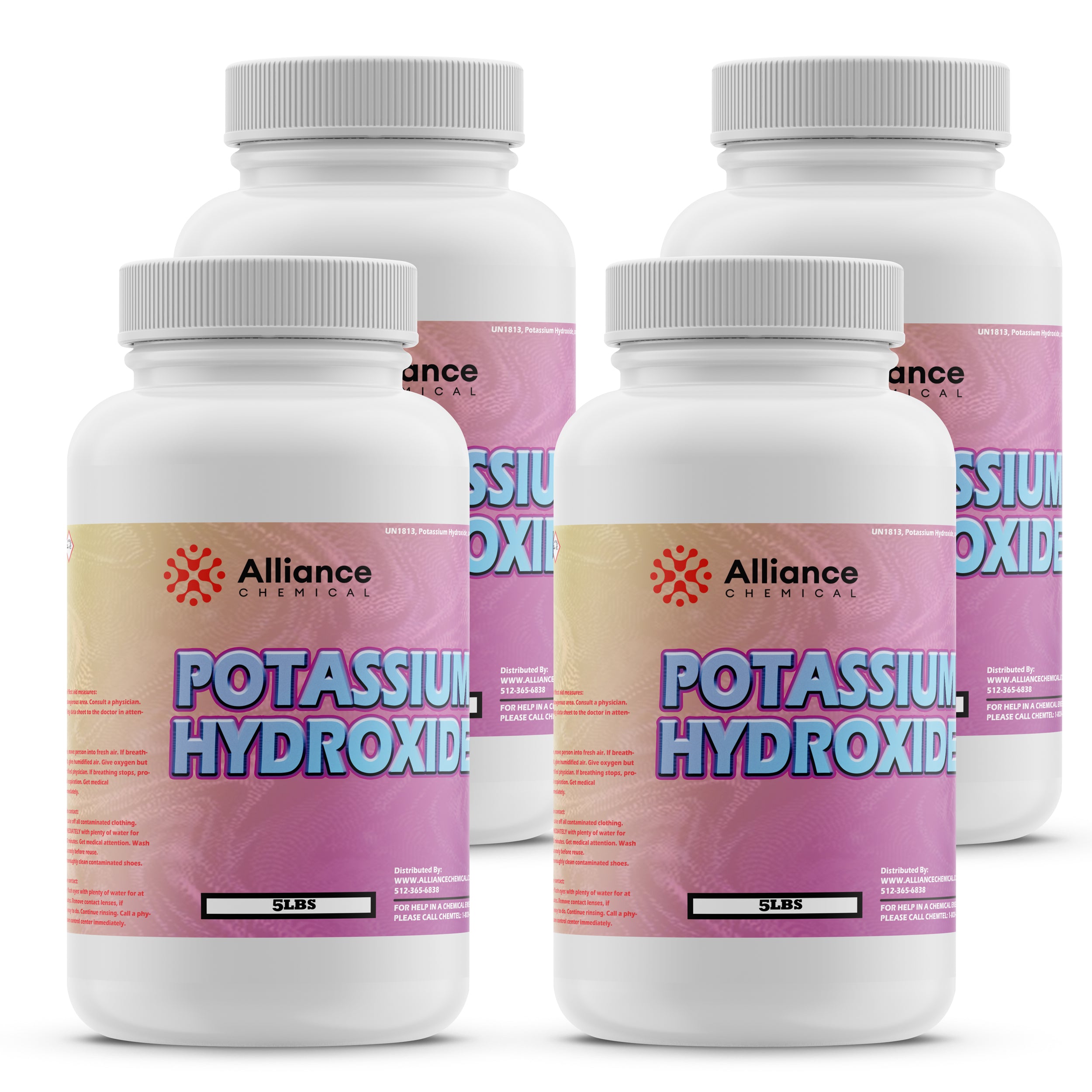 5lb containers of potassium hydroxide (KOH) flakes in white HDPE bottles with pink labels, Alliance Chemical brand, 4-pack industrial grade.