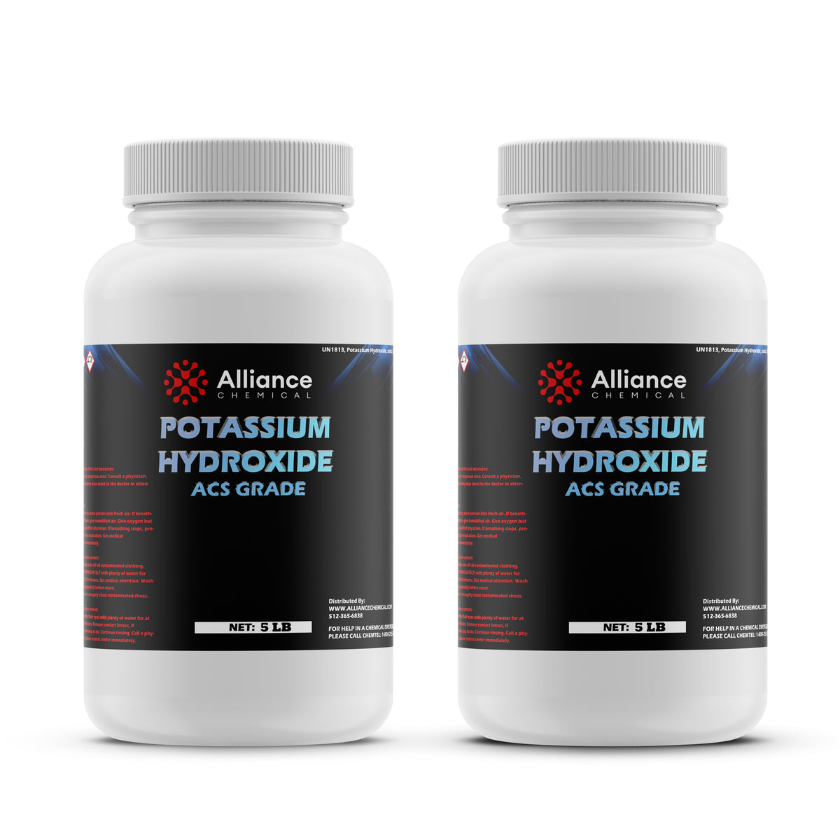 5 LB HDPE bottles of Alliance Chemical Potassium Hydroxide (KOH) ACS Grade black labels, silver caps