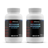 5 LB HDPE bottles of Alliance Chemical Potassium Hydroxide (KOH) ACS Grade black labels, silver caps