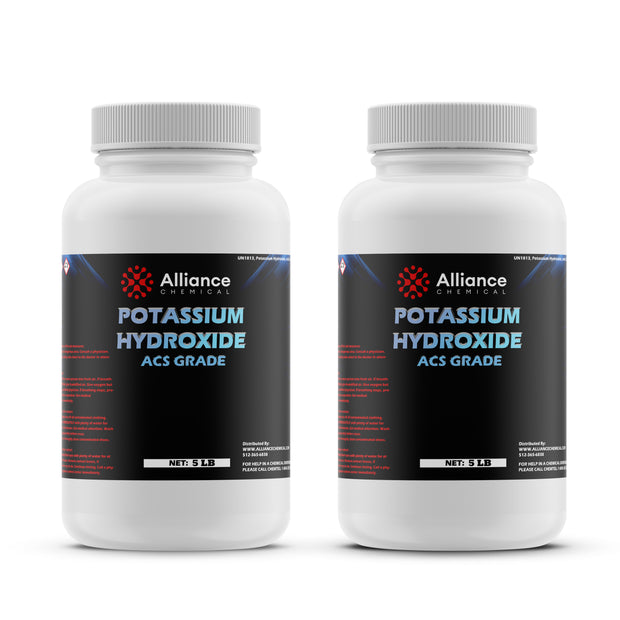 5 LB HDPE bottles of Alliance Chemical Potassium Hydroxide (KOH) ACS Grade black labels, silver caps
