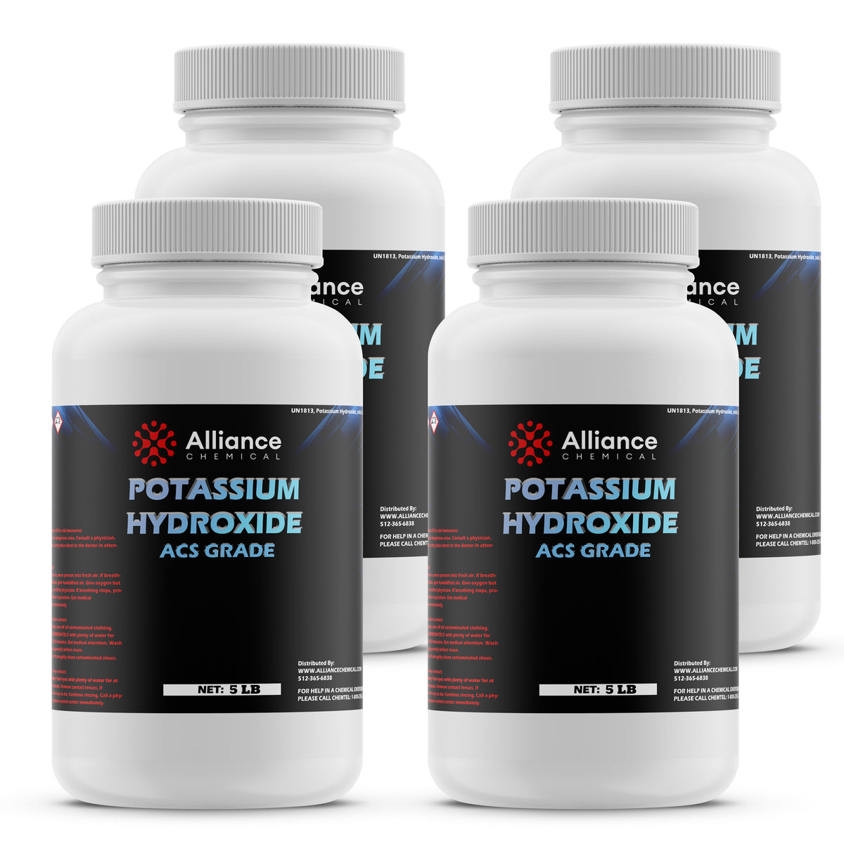 Alliance Chemical 5 lb bottles of ACS-grade Potassium Hydroxide flakes, HDPE containers with black labels and hazard