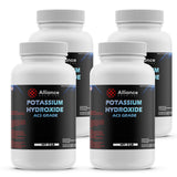 Alliance Chemical 5 lb bottles of ACS-grade Potassium Hydroxide flakes, HDPE containers with black labels and hazard