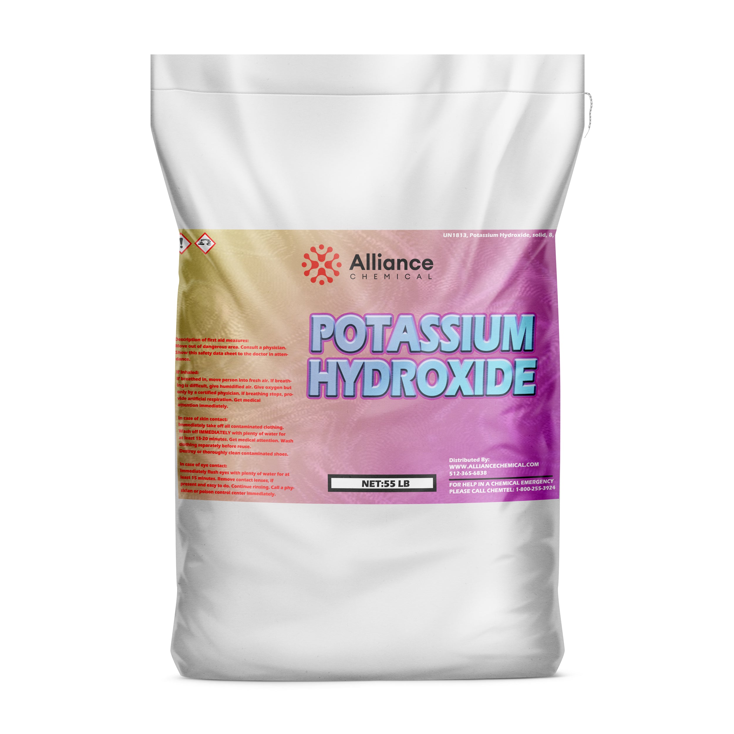 55lb bag of potassium hydroxide (KOH) flakes from Alliance Chemical, white industrial packaging with hazard symbols, gradient design labeling.