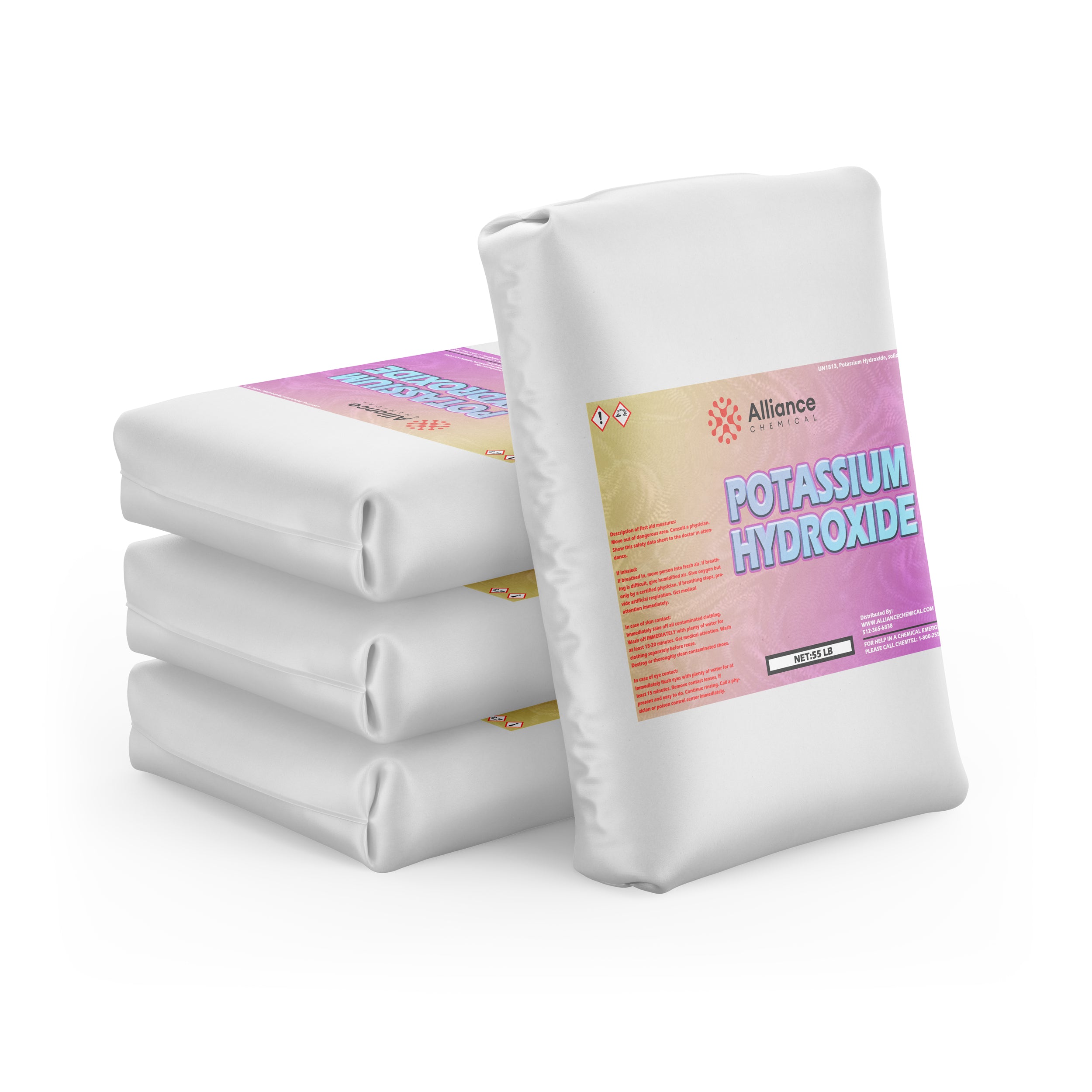 55lb bags of potassium hydroxide (KOH) flakes from Alliance Chemicals, stacked in white industrial packaging with GHS hazard symbols, gradient label design.