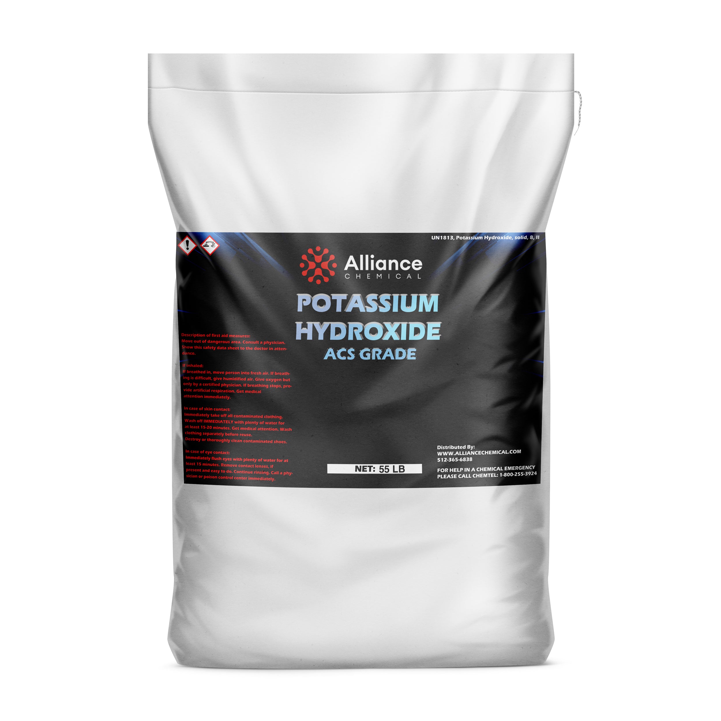 55lb bag of ACS-grade potassium hydroxide flakes by Alliance Chemical, white industrial packaging with hazard symbols and emergency contact details.