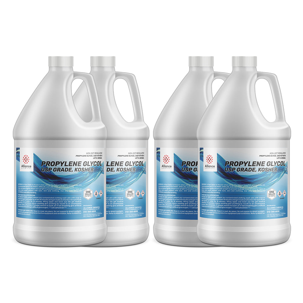 4x1-gallon USP-grade propylene glycol in HDPE jugs, Kosher-certified, with safety warnings and chemical handling symbols, Alliance Chemical brand.
