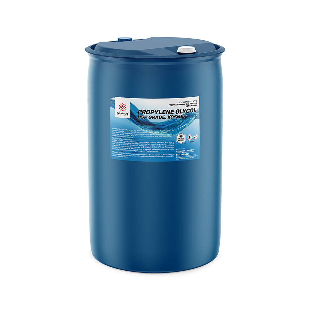 55-gallon blue HDPE drum of USP-grade Kosher Propylene Glycol by Alliance Chemical with safety data label and sealed cap closures.