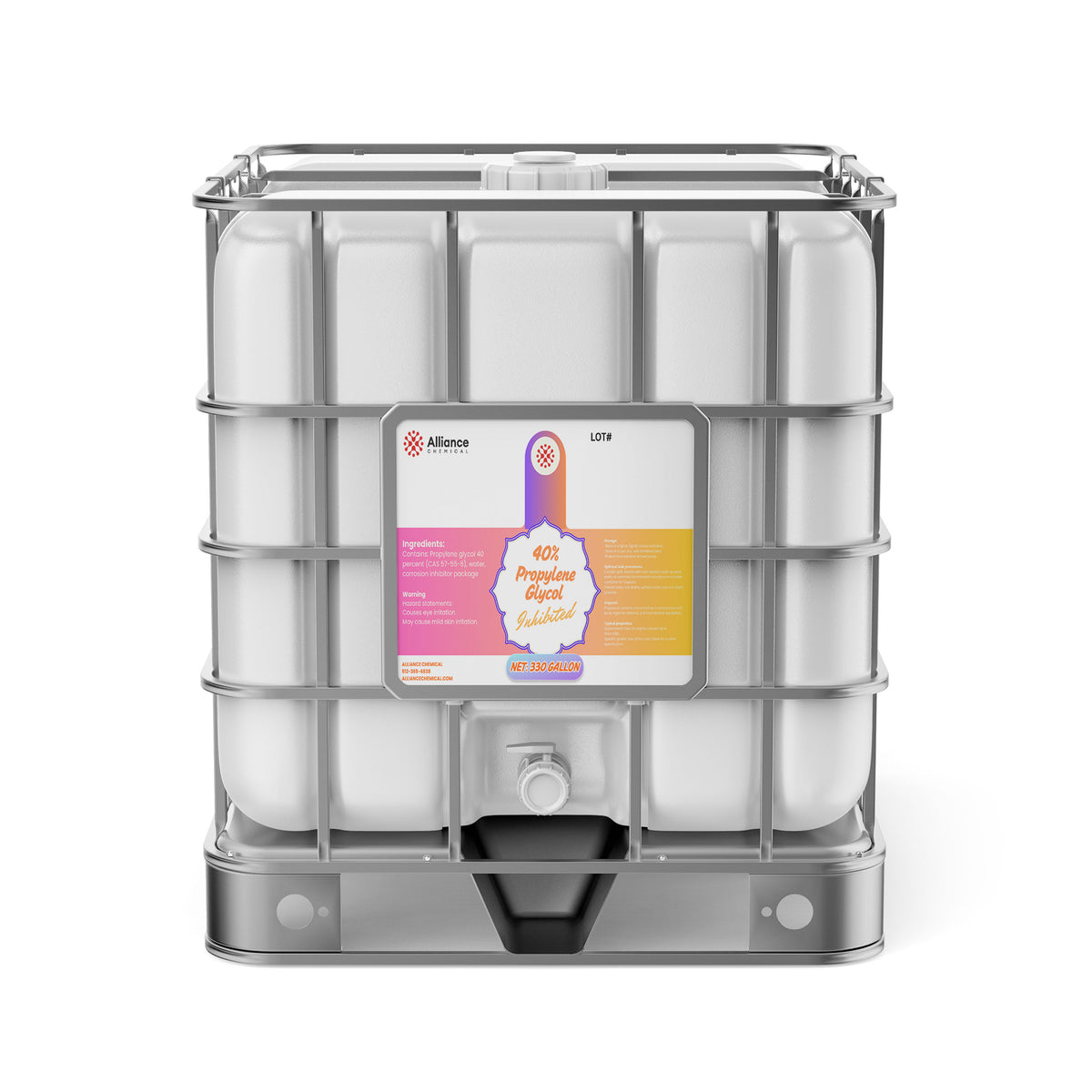 One 330-gallon plastic tote of Alliance Chemical 40% Propylene Glycol Inhibited with a metal cage and valve.